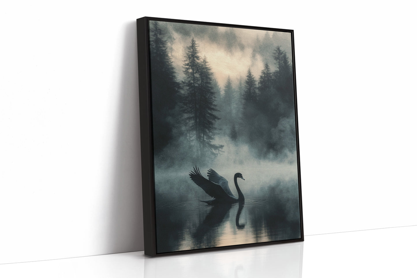 Black Swan in the Forest Mist