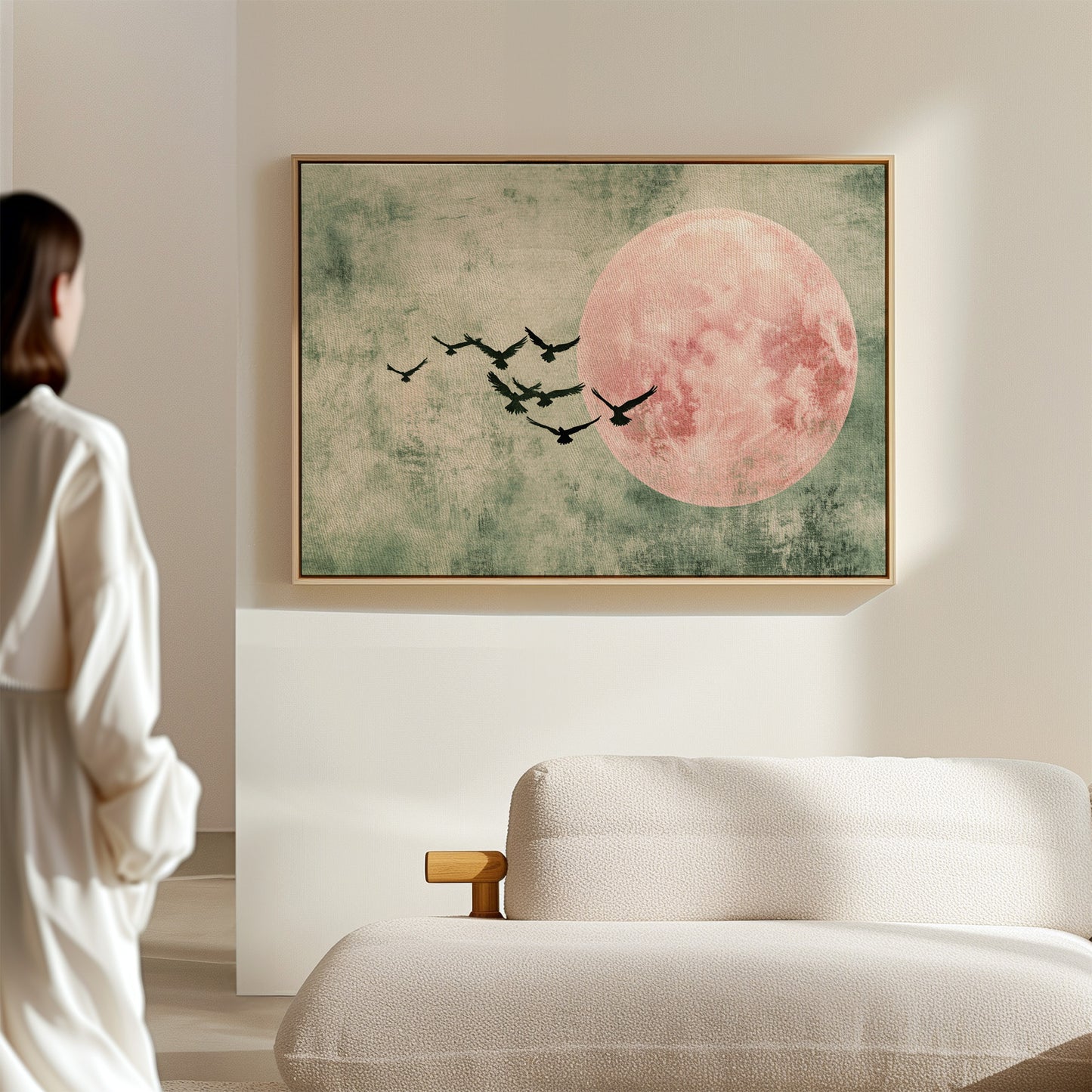 Pink Moon Wall Art – Minimalist Birds in Flight Print