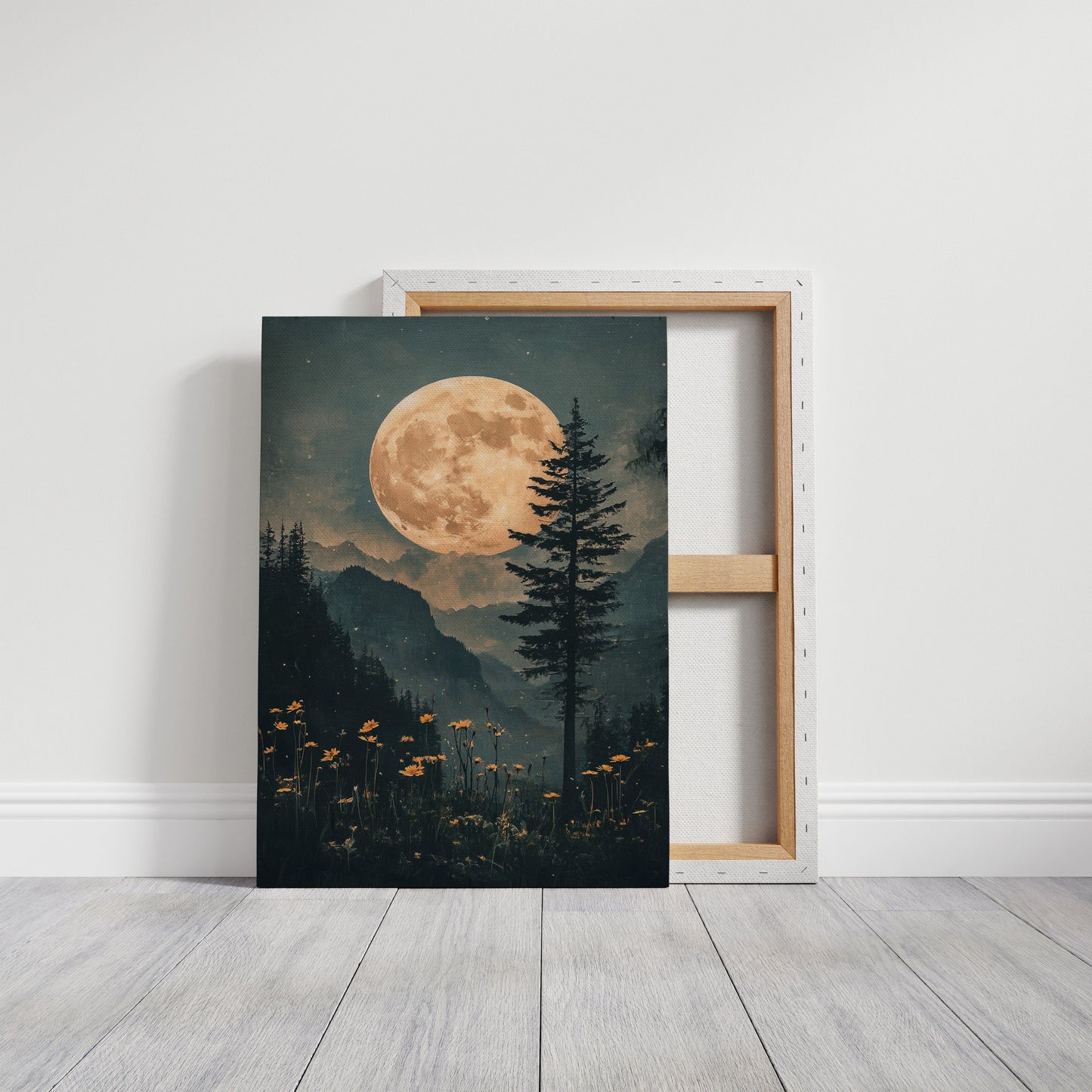 Harvest Moon Forest: Serene Mountain Landscape Canvas Wall Art