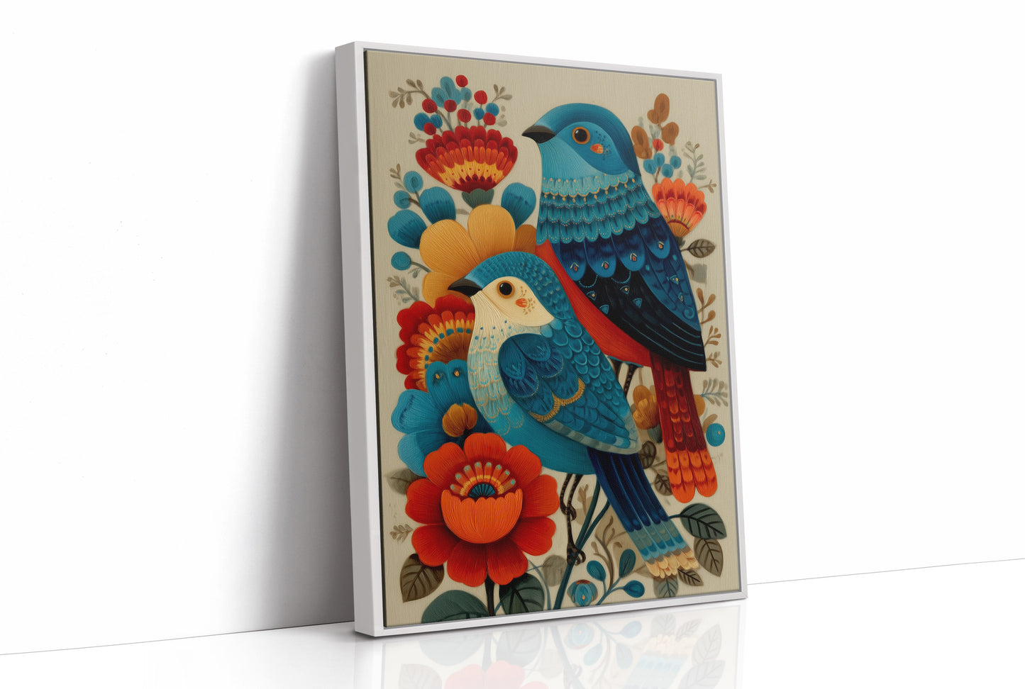 Blue Bird Sings Among Coral Blooms