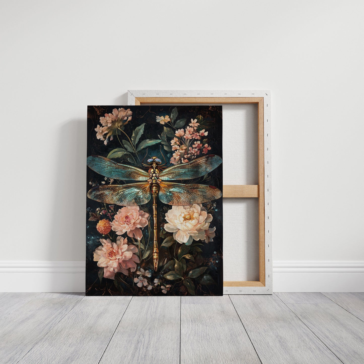 Golden Dragonfly: Dark Floral Baroque Canvas Wall Art