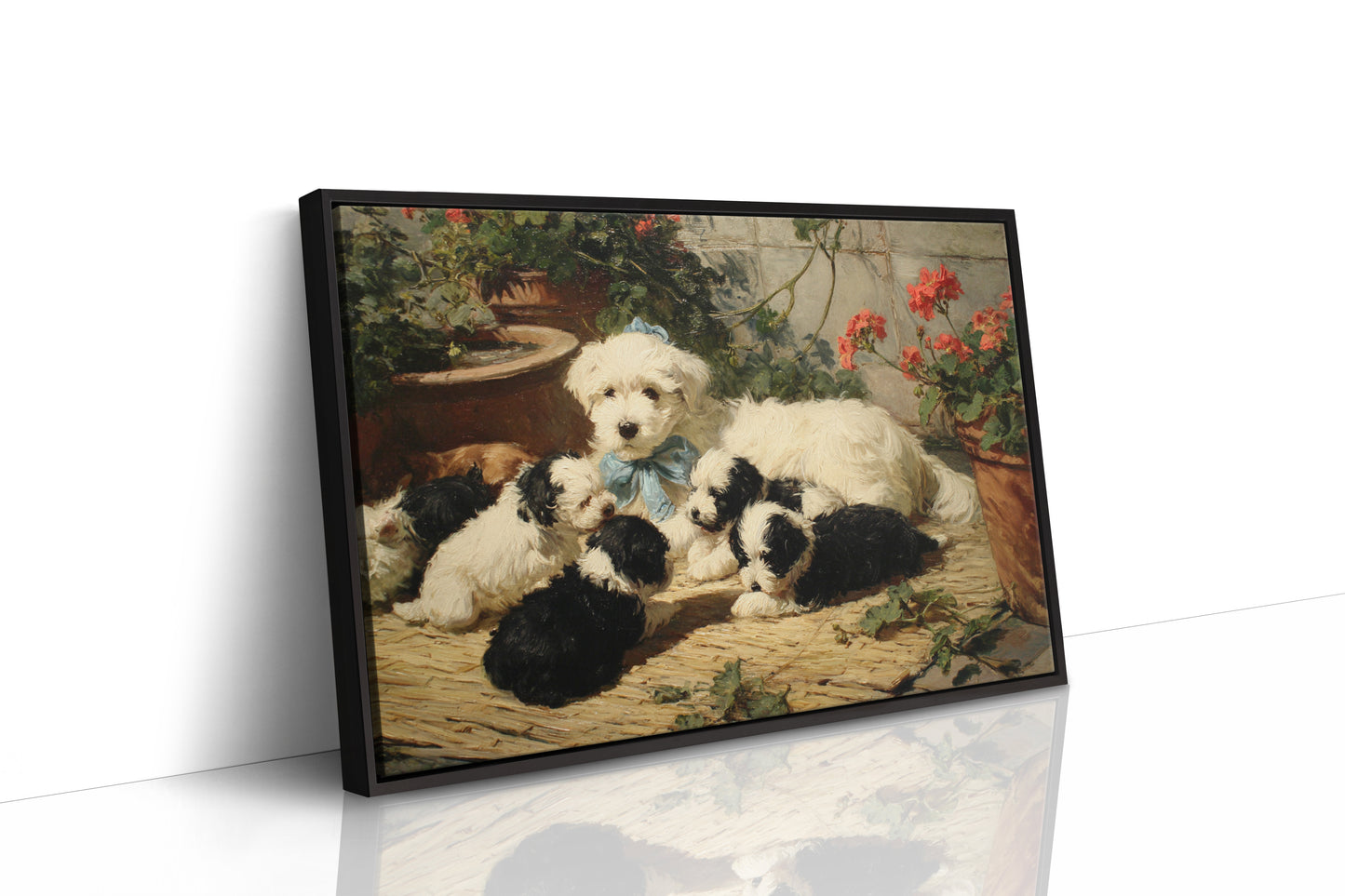 Puppies Rest Among Garden Geraniums