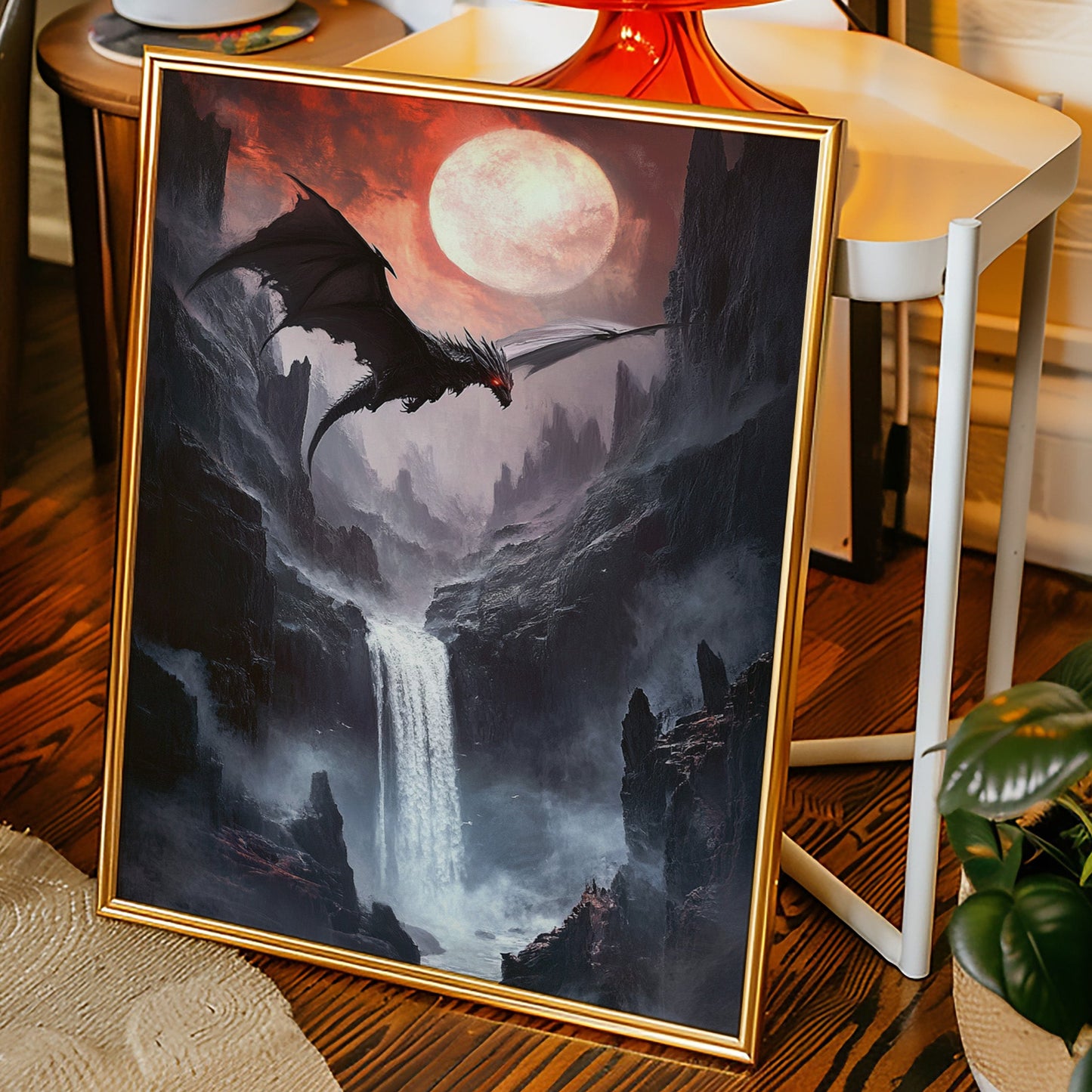 Dragon Over Moonlit Canyon - Fantasy Wall Art - Gallery Canvas image 1