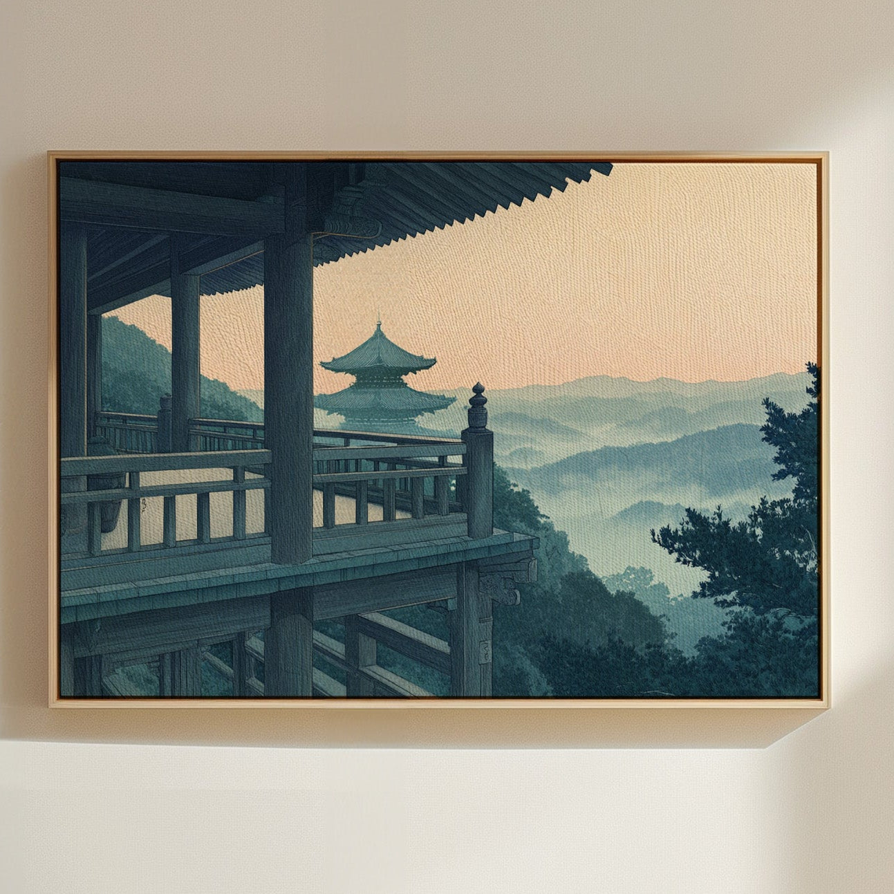 Japanese Temple Balcony – Serene Misty Mountain View Wall Art