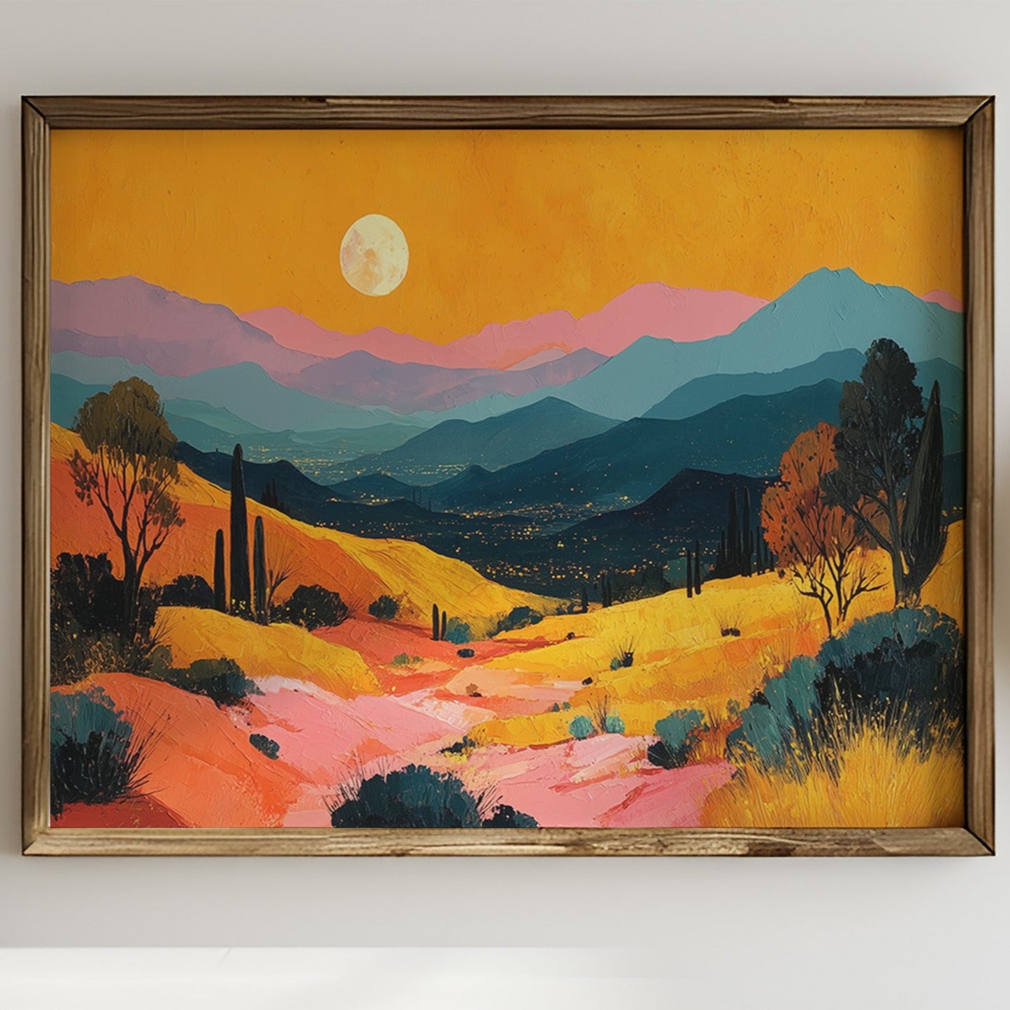 Valley Lights Beneath Moonlit Saguaros