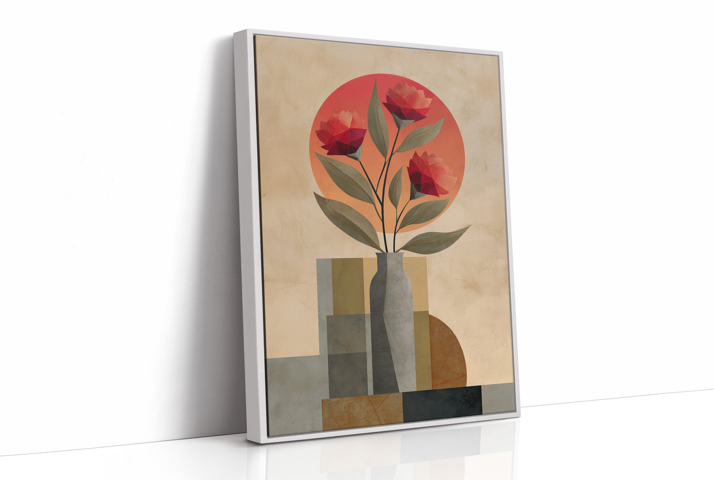 Red Blooms Against City Shapes