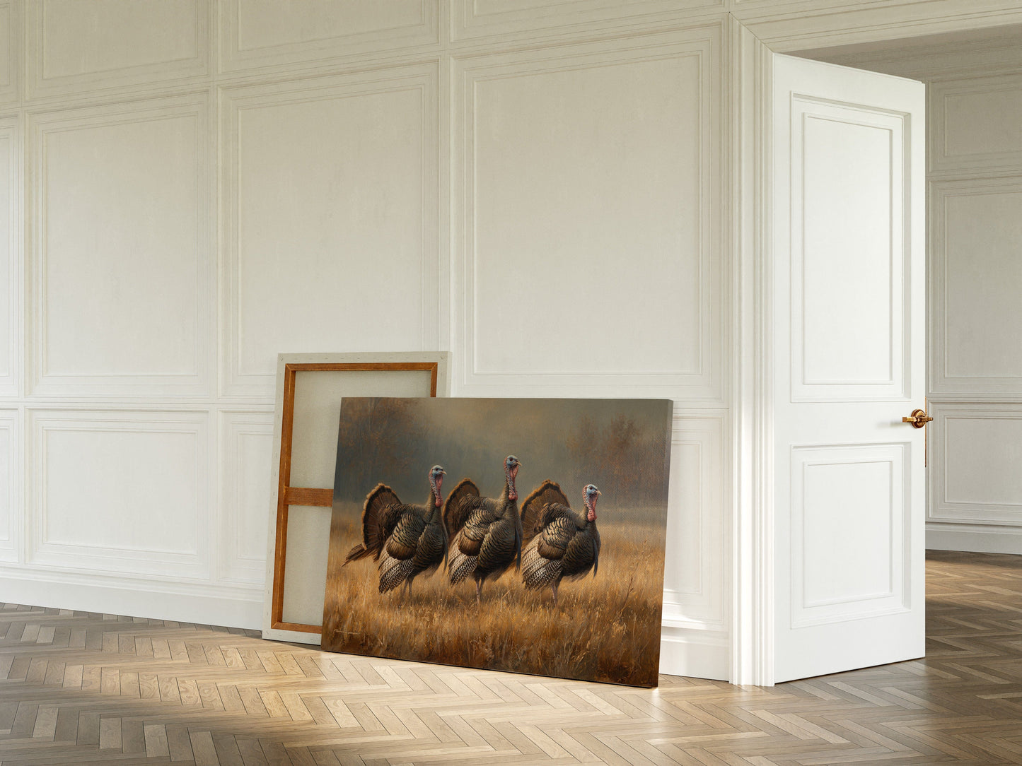 Wild Turkeys March Through Golden Fields