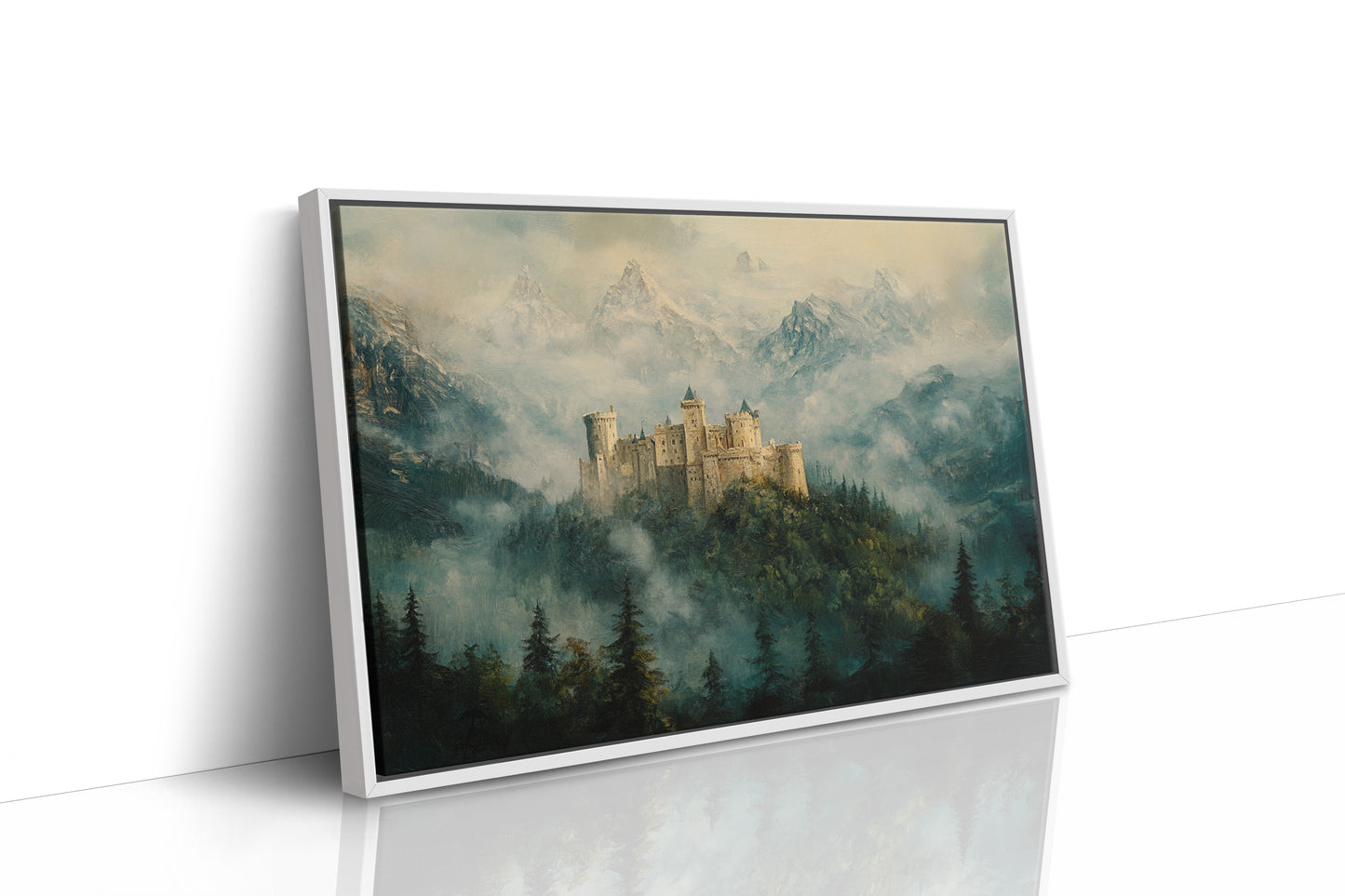 Misty Mountain Castle: Ethereal Fantasy Landscape Canvas Wall Art
