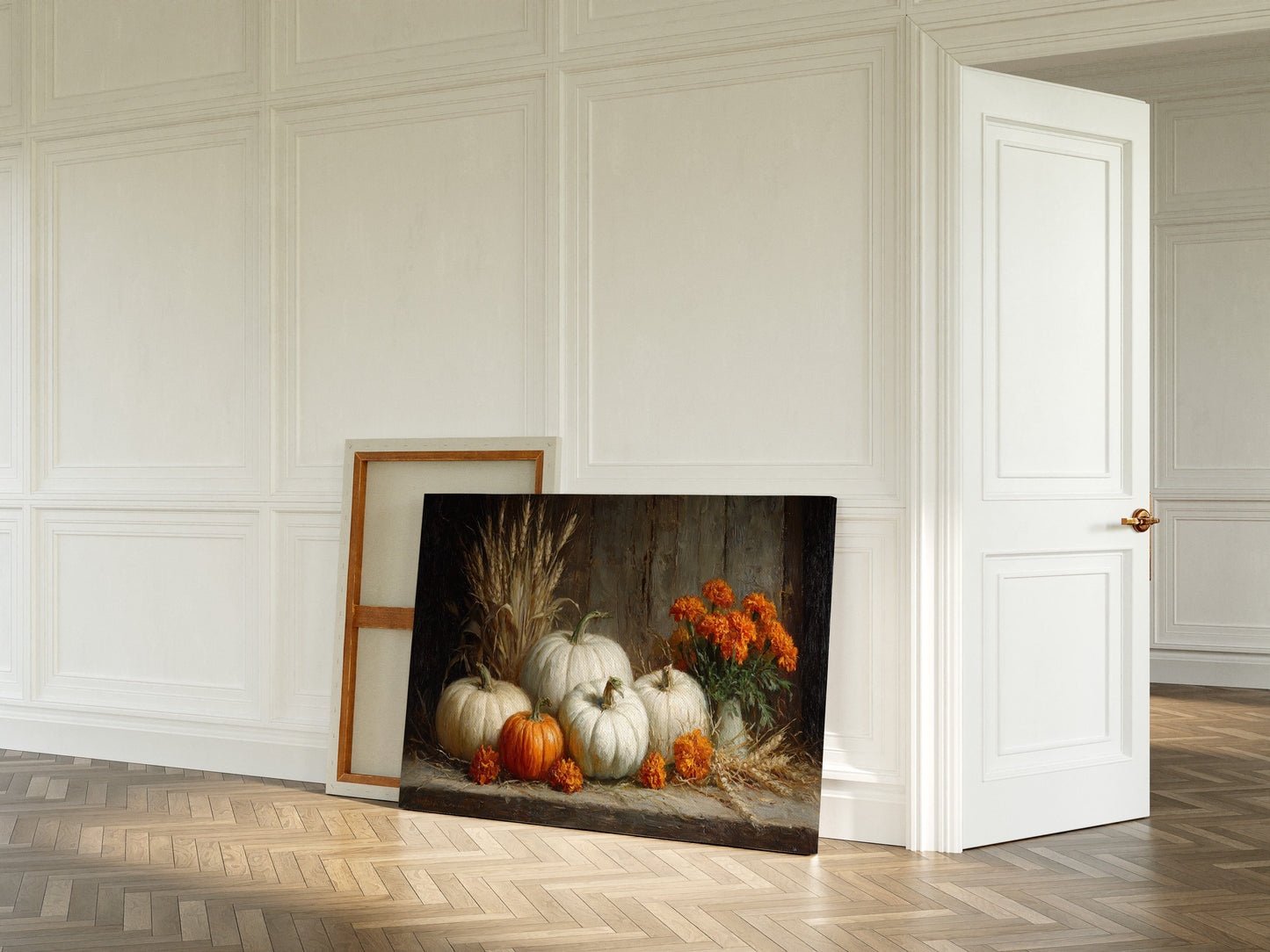 White Pumpkins Among Marigold Flames