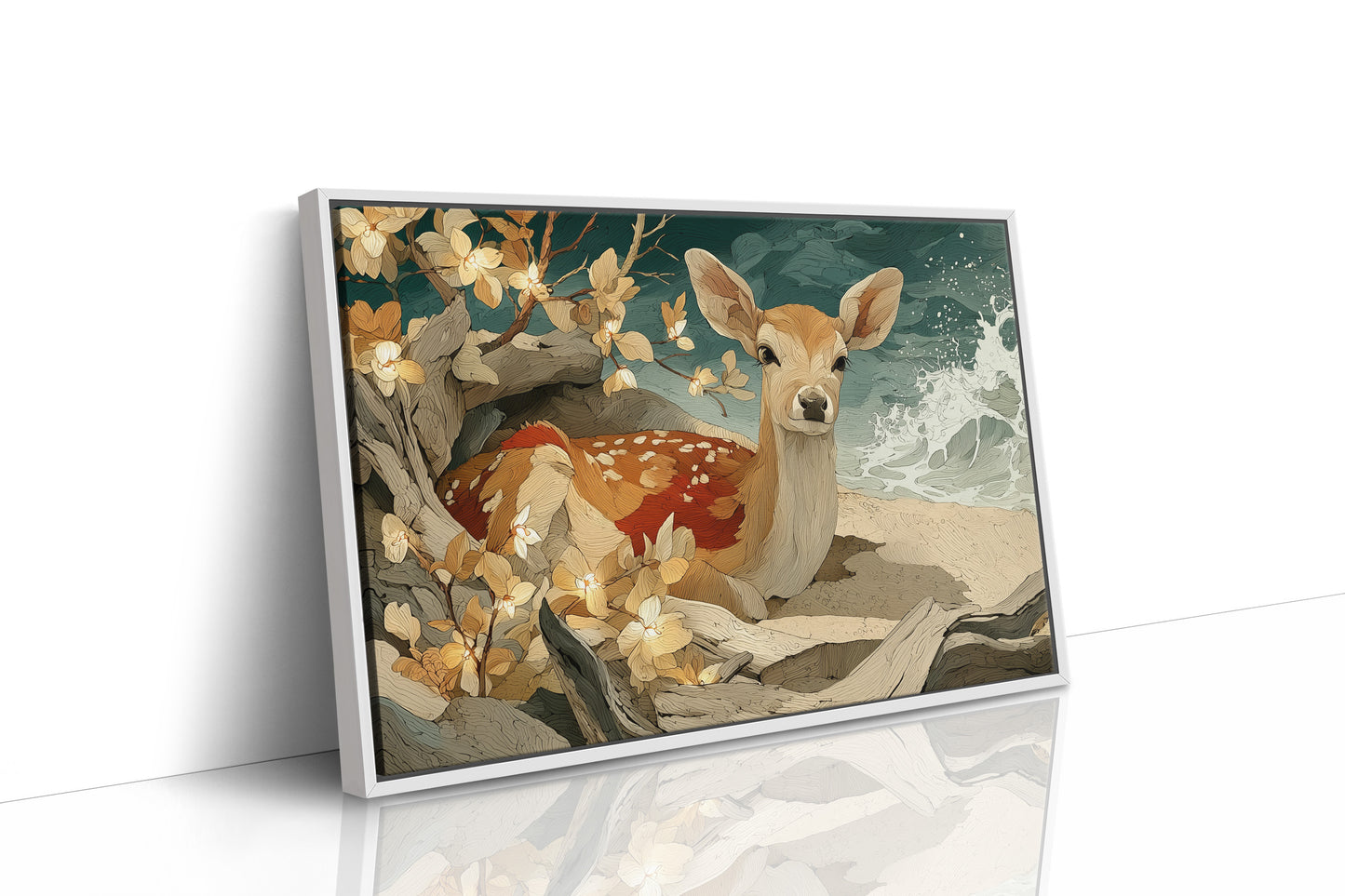 Fawn Resting by Driftwood Shore