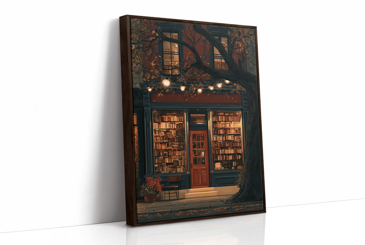 Shelf Awareness After Dark, print in a brown wood frame