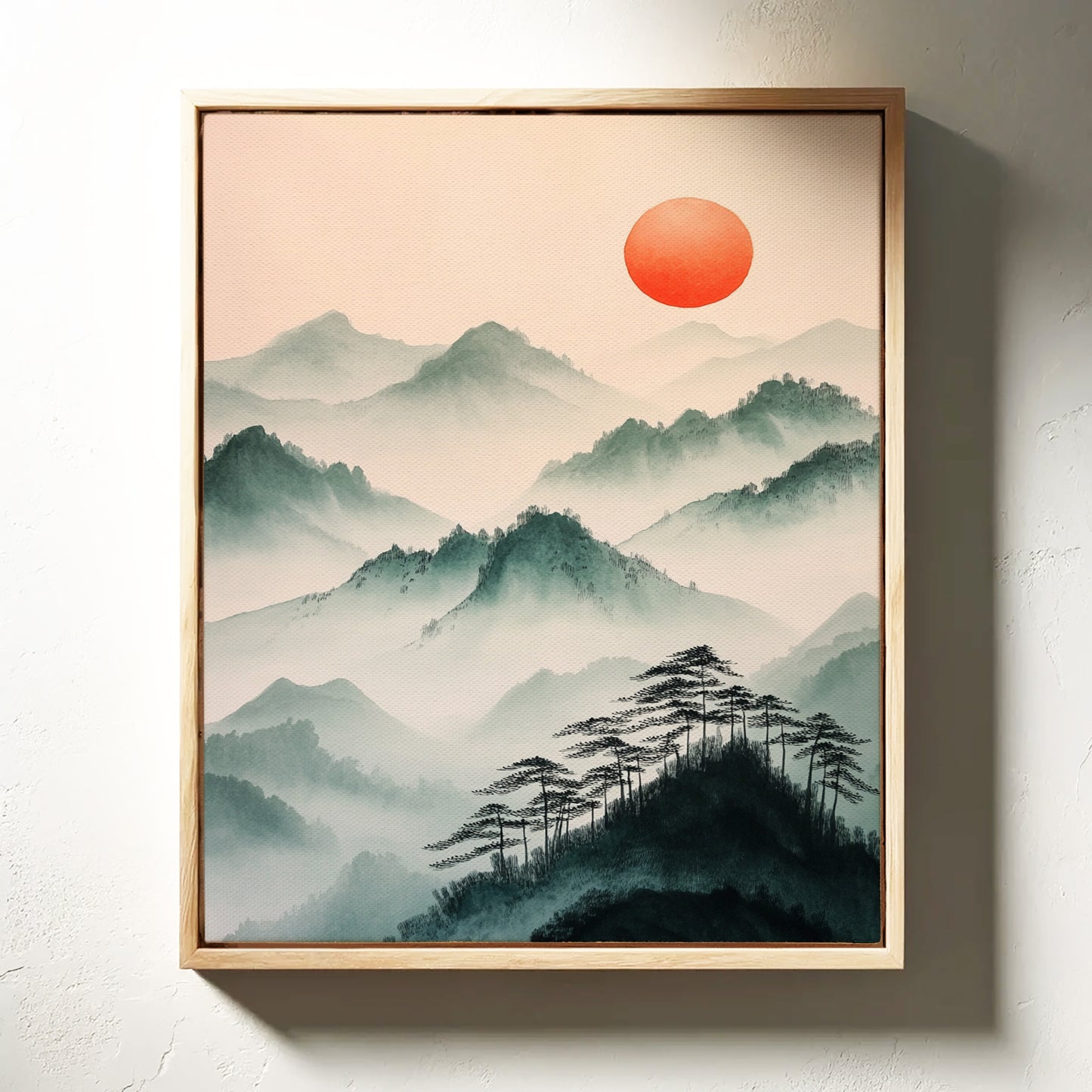Misty Mountain Sunrise – Tranquil Asian-Inspired Landscape Print