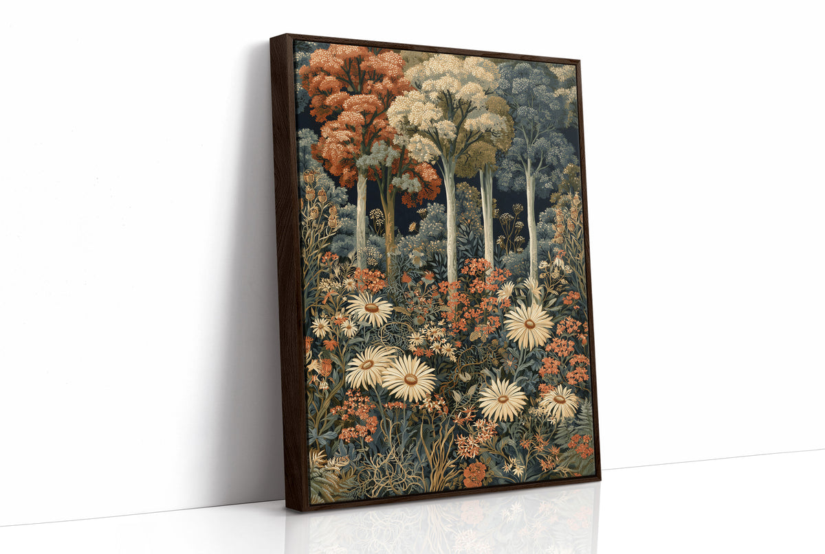 Daisy Chain Reaction In The Woods, print in a brown wood frame