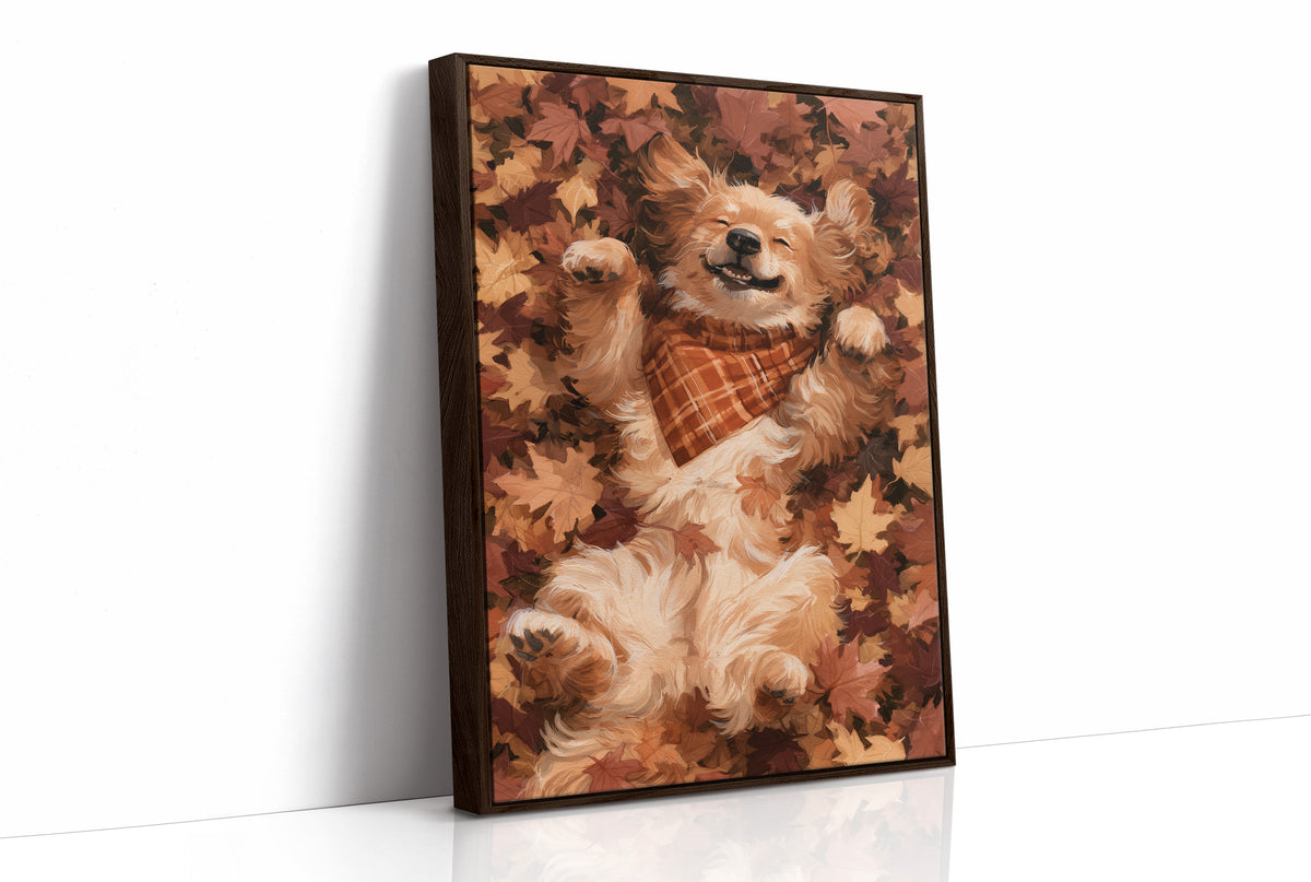 Belly Up, Leaf Pile Approved, print in a brown wood frame