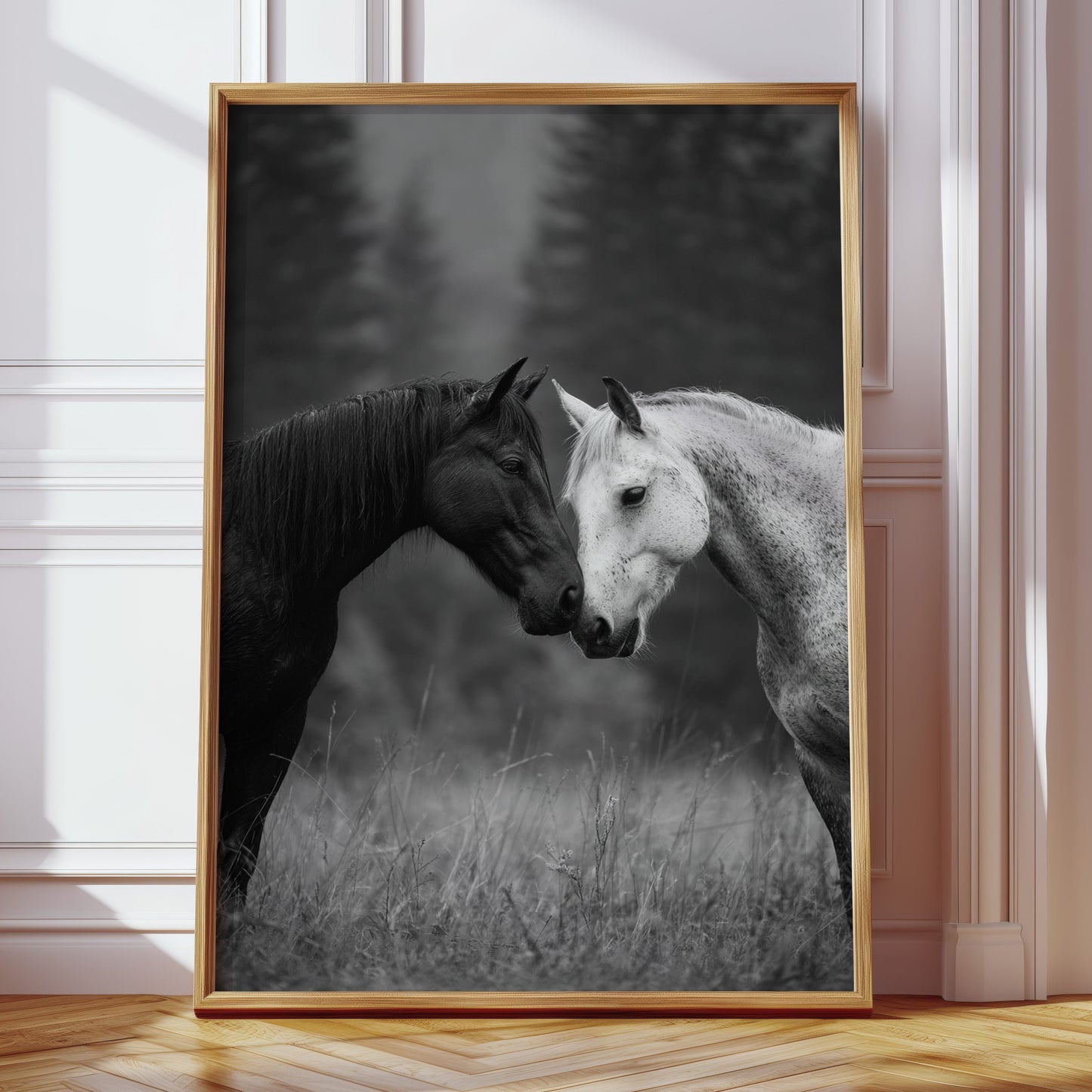 Framed artwork of two horses embracing in a field, displayed on a wall.