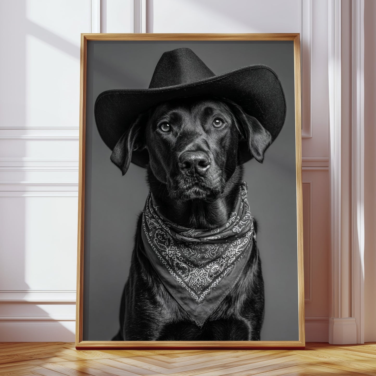 Framed artwork of a dog wearing a cowboy hat and bandana on a wall.