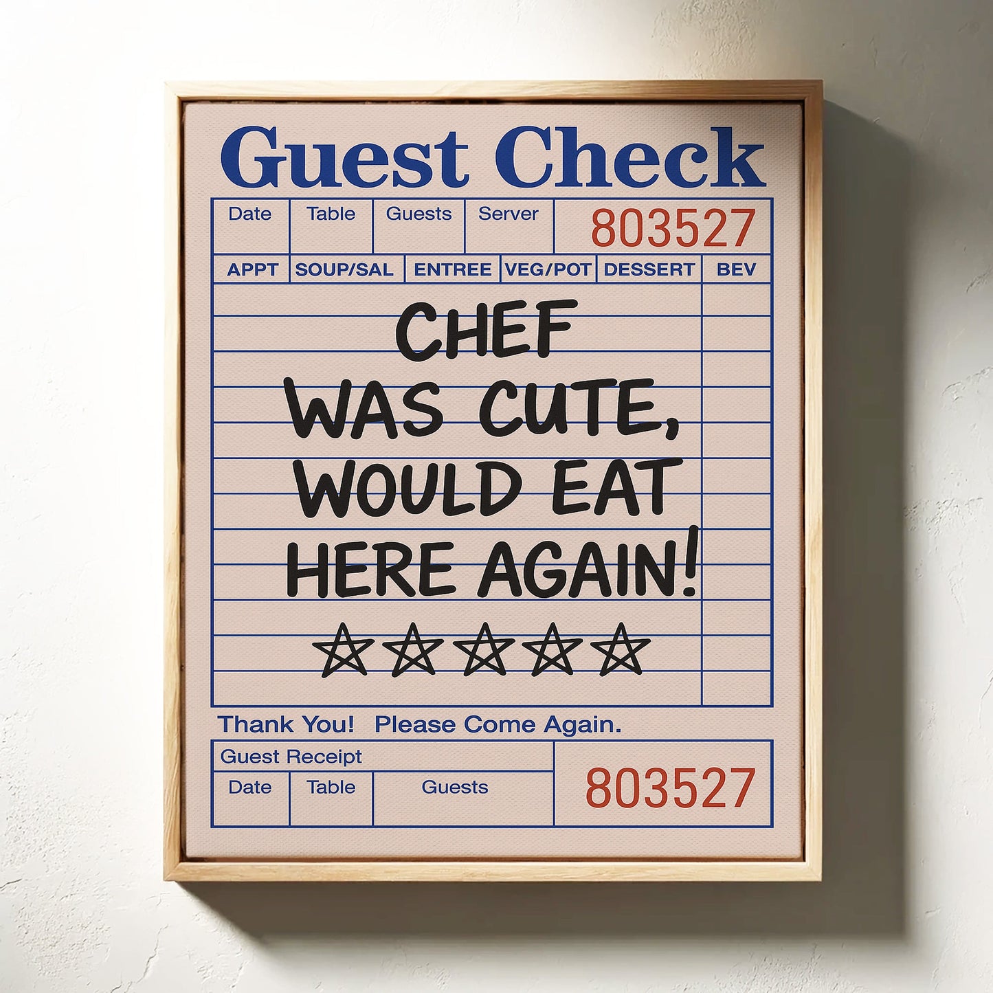 Funny Guest Check Wall Art – “Chef Was Cute” Diner Poster