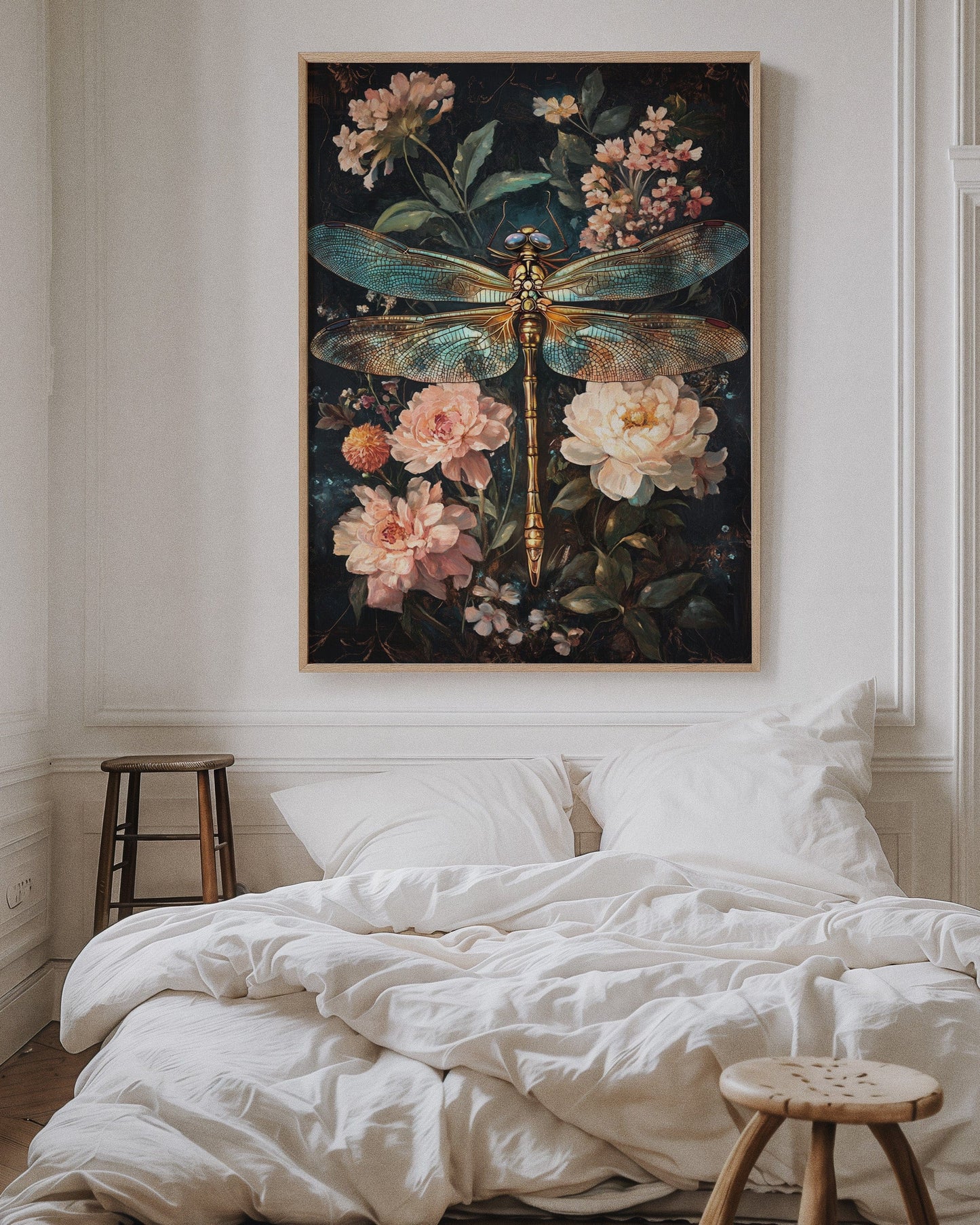 Golden Dragonfly: Dark Floral Baroque Canvas Wall Art