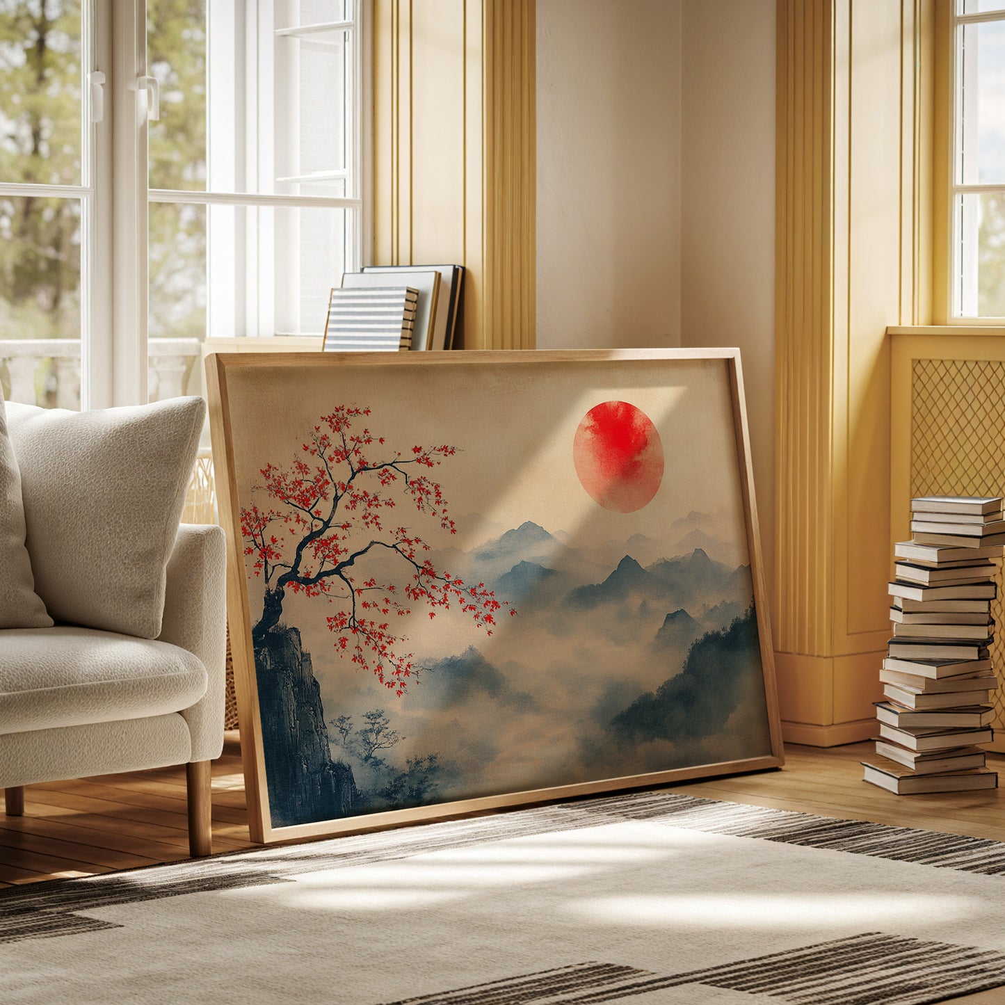 Japanese Red Sun & Misty Mountain Wall Art – Zen Ink Wash Landscape