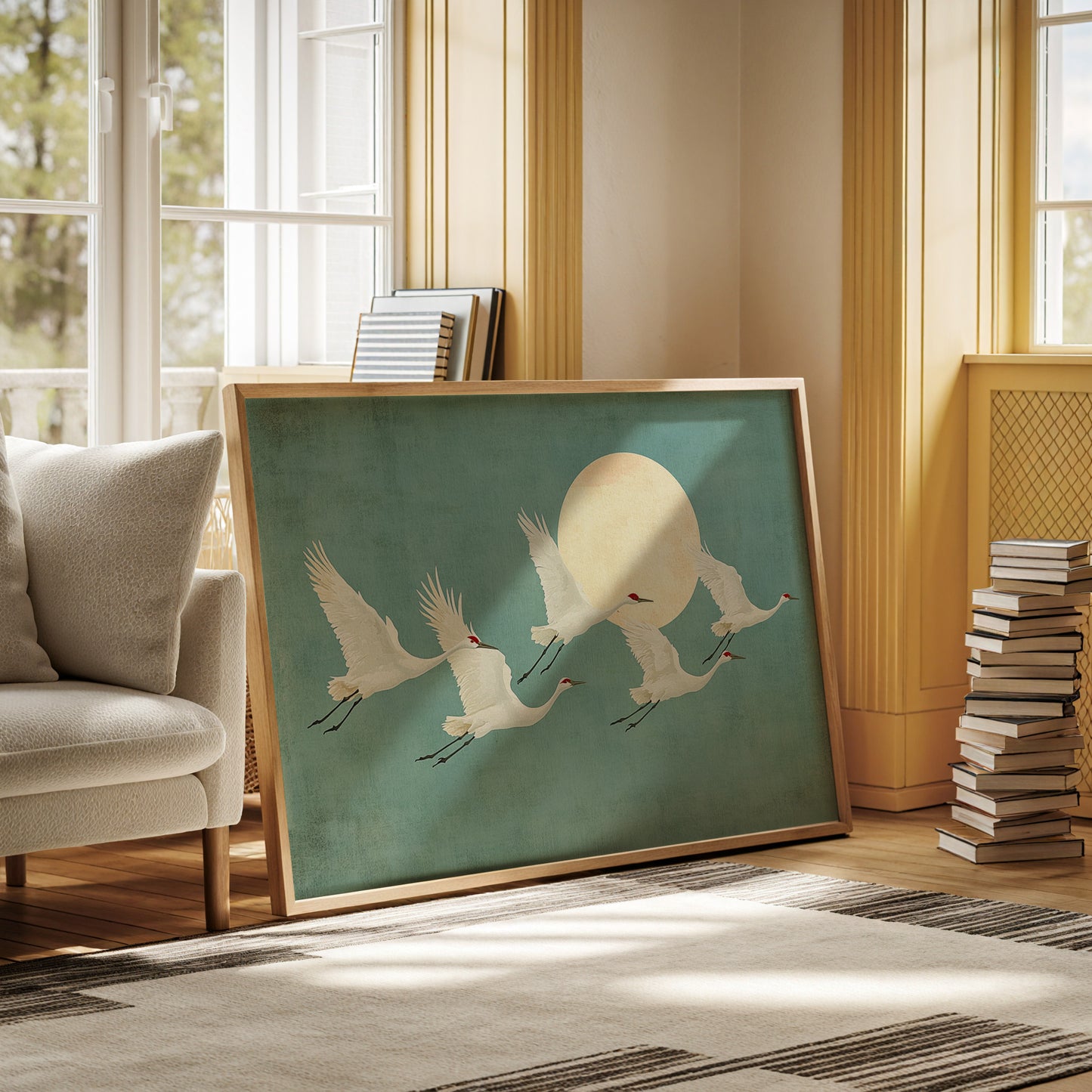 Japanese Crane Wall Art – Minimalist Blue & Gold Crane Print