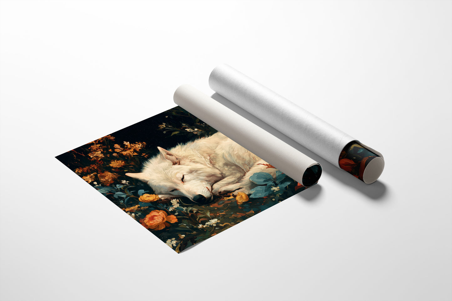 White Wolf Among Autumn Blooms