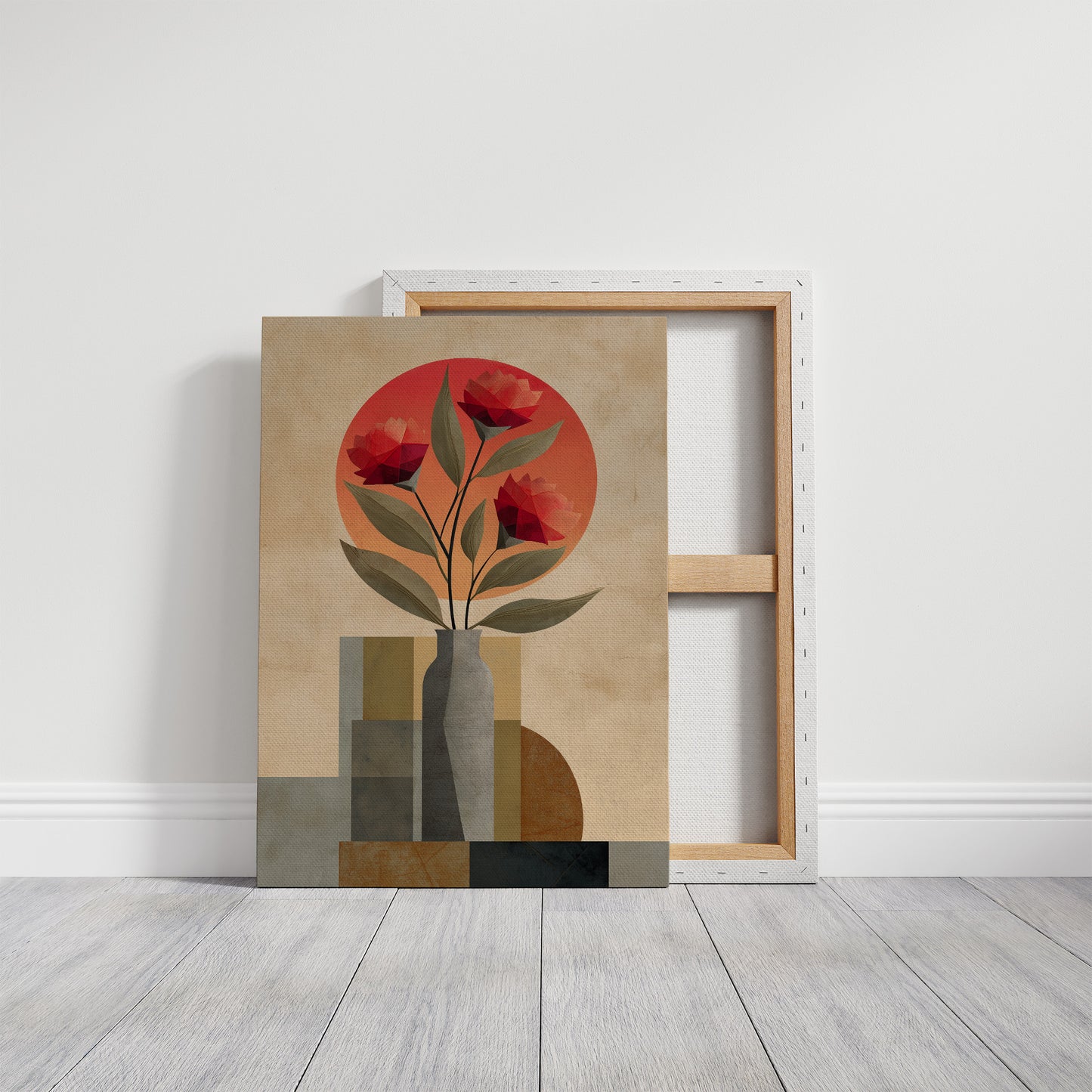 Red Blooms Against City Shapes