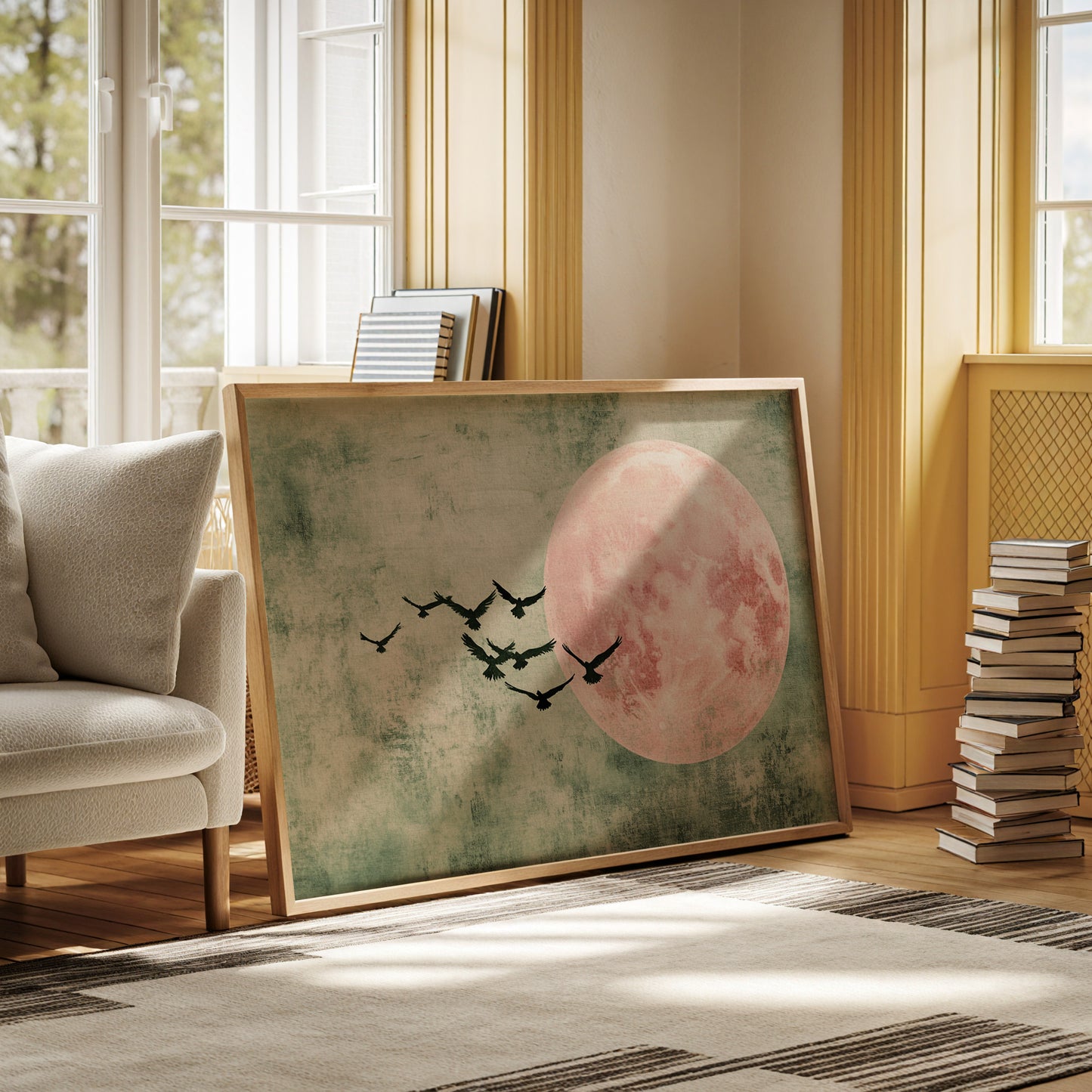 Pink Moon Wall Art – Minimalist Birds in Flight Print