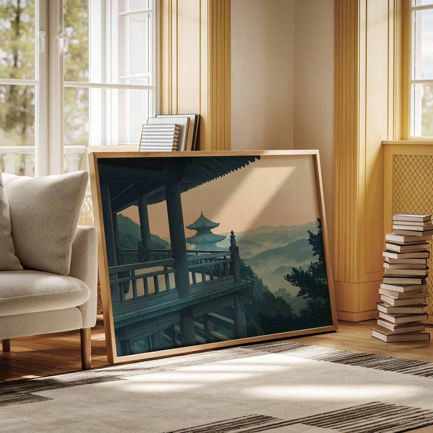 Japanese Temple Balcony – Serene Misty Mountain View Wall Art