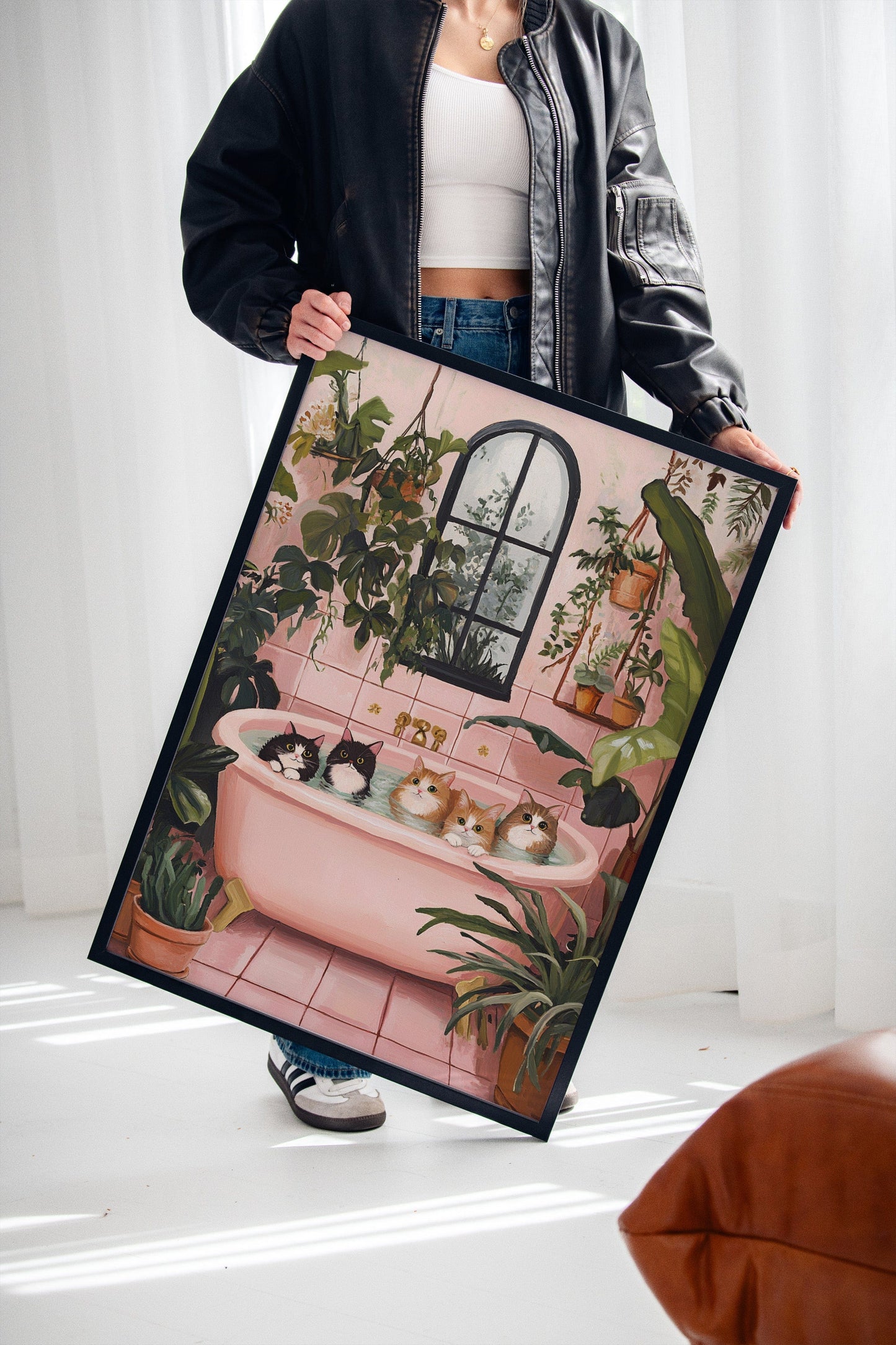 Cat Spa Day – Funny Cat Wall Art, Pink Bathtub Aesthetic, Cozy Home Decor