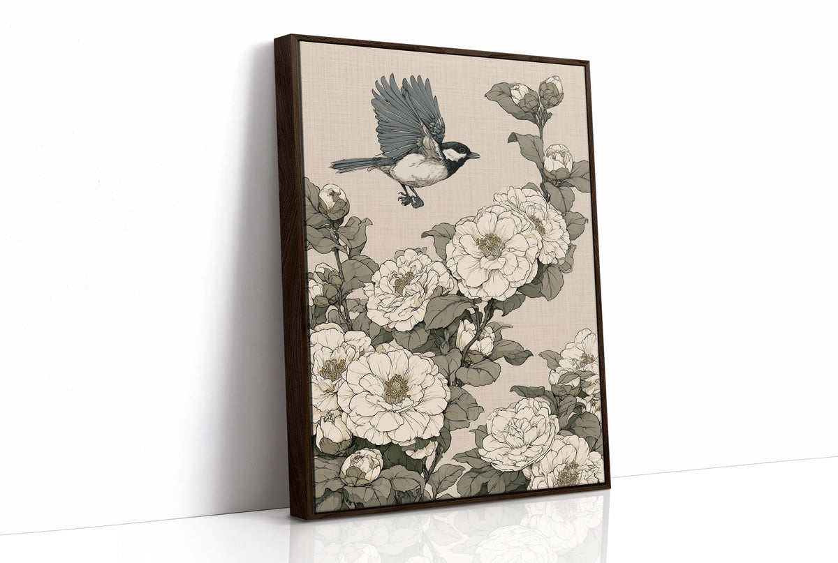 Chickadee Landing Among Camellia Blossoms