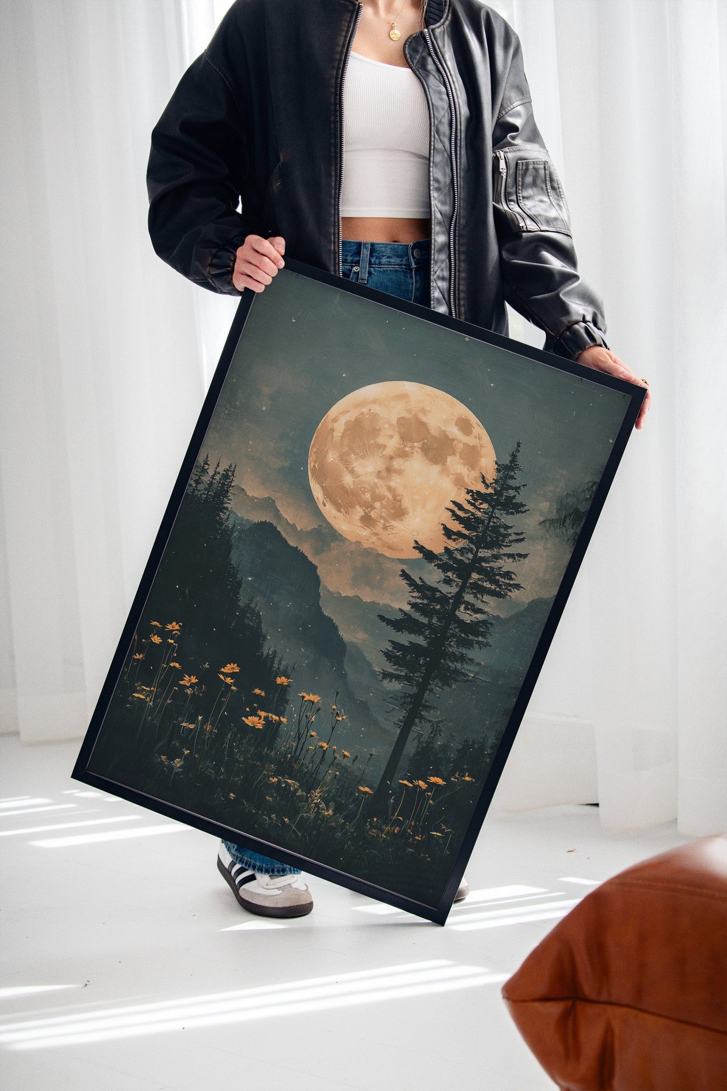 Harvest Moon Forest: Serene Mountain Landscape Canvas Wall Art