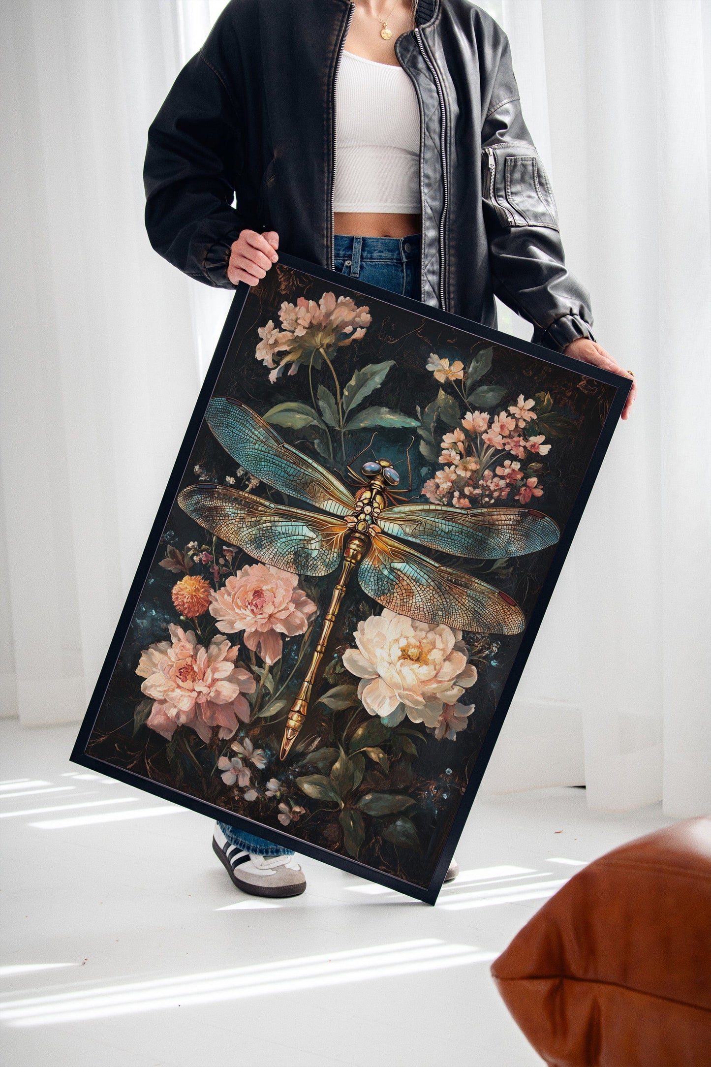 Golden Dragonfly: Dark Floral Baroque Canvas Wall Art