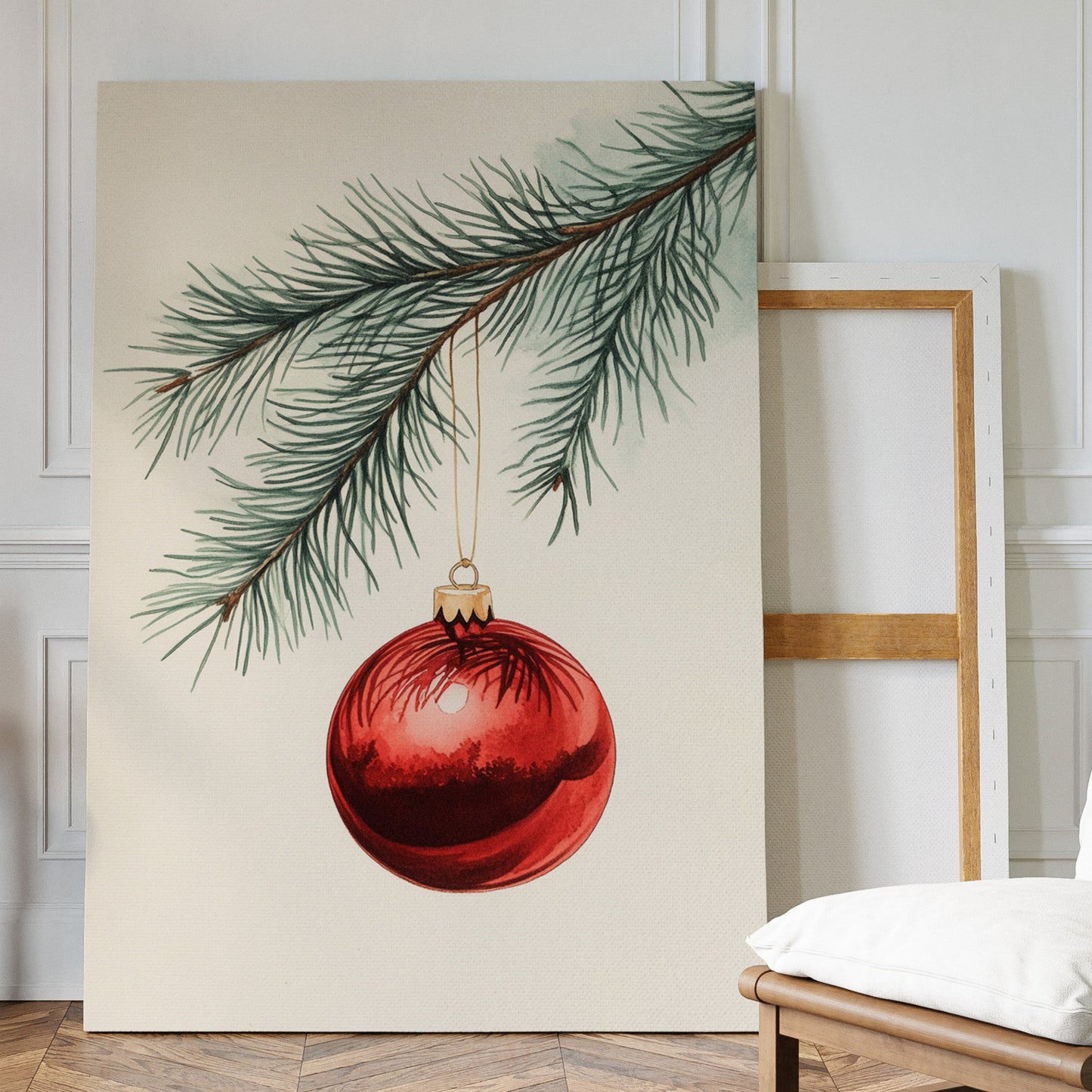 Festive Red Ornament Watercolor Print - Holiday Wall Art - Gallery Canvas image 1
