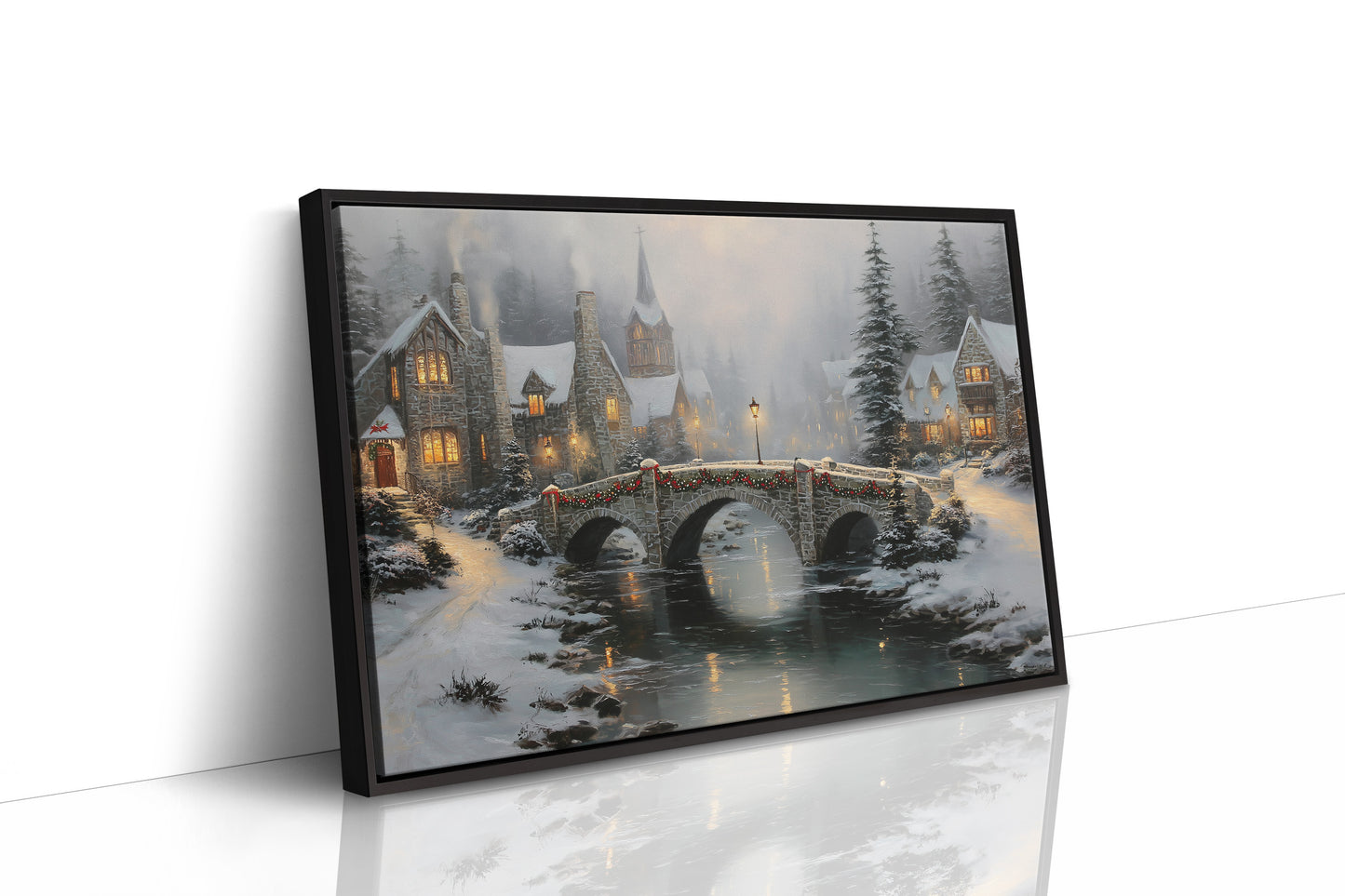 Snow Falls On Stone Bridge Lights