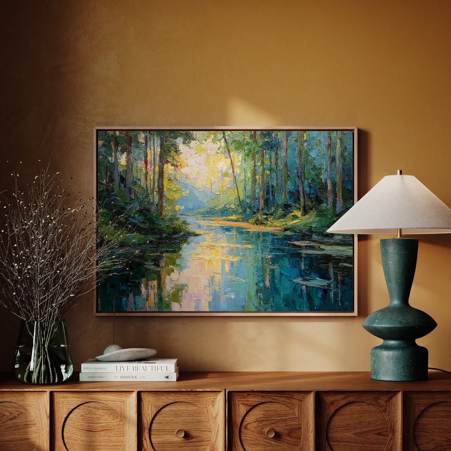 Sunlit Waters Between Tall Pines