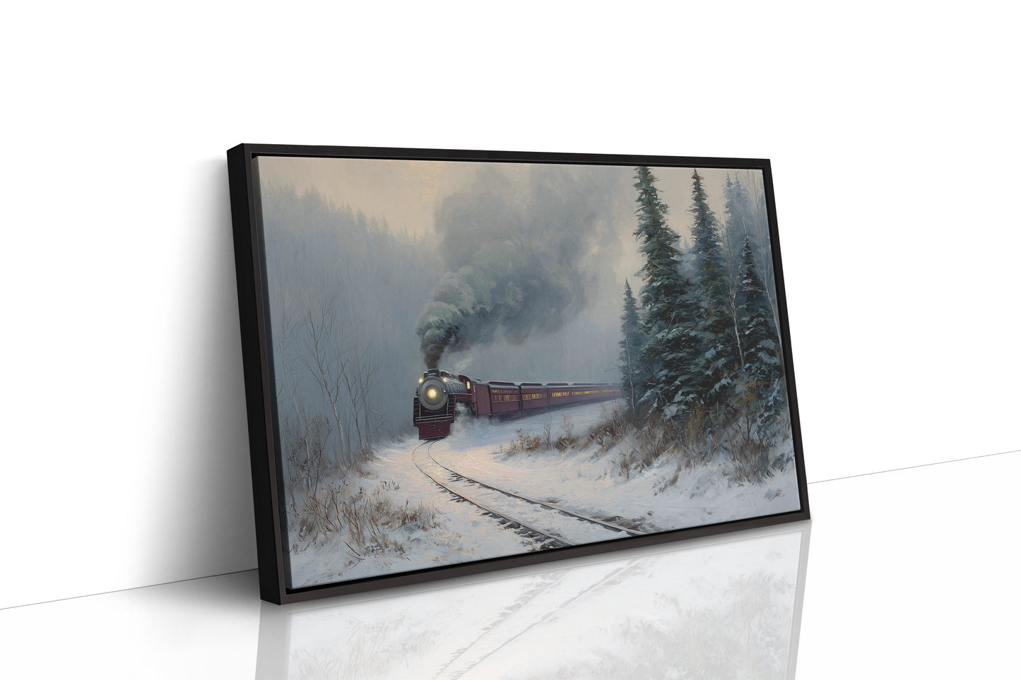 Winter Steam Curves Through Pine Forest