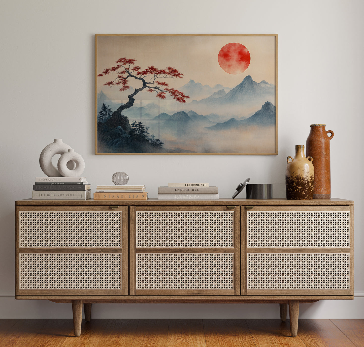 Japanese Landscape Wall Art – Red Sun and Bonsai Mountain Print
