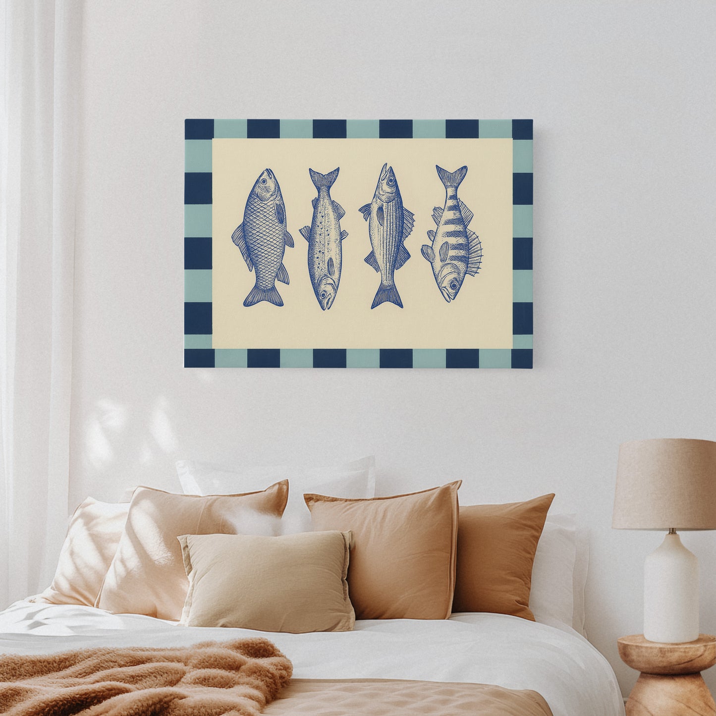 Vintage Fish Quartet on Checkerboard Blue
