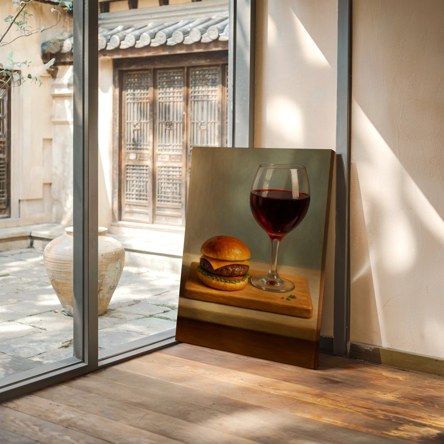 Burger and Bordeaux Still Life
