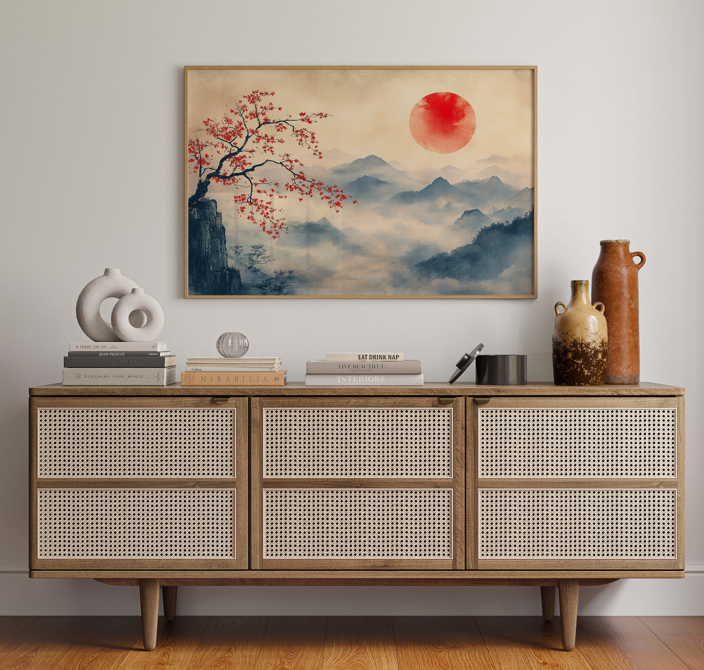 Japanese Red Sun & Misty Mountain Wall Art – Zen Ink Wash Landscape