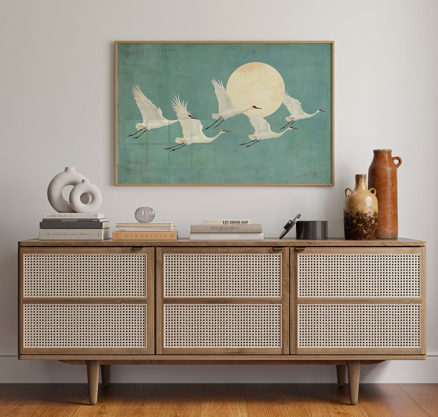 Japanese Crane Wall Art – Minimalist Blue & Gold Crane Print