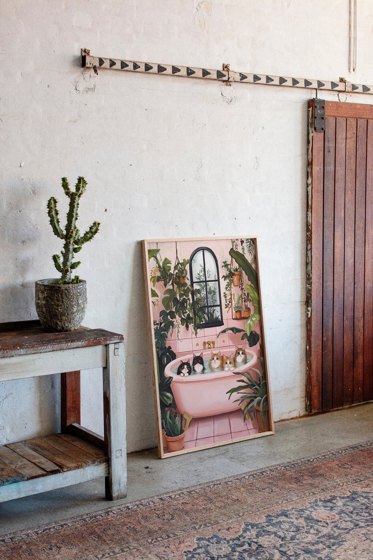 Cat Spa Day – Funny Cat Wall Art, Pink Bathtub Aesthetic, Cozy Home Decor