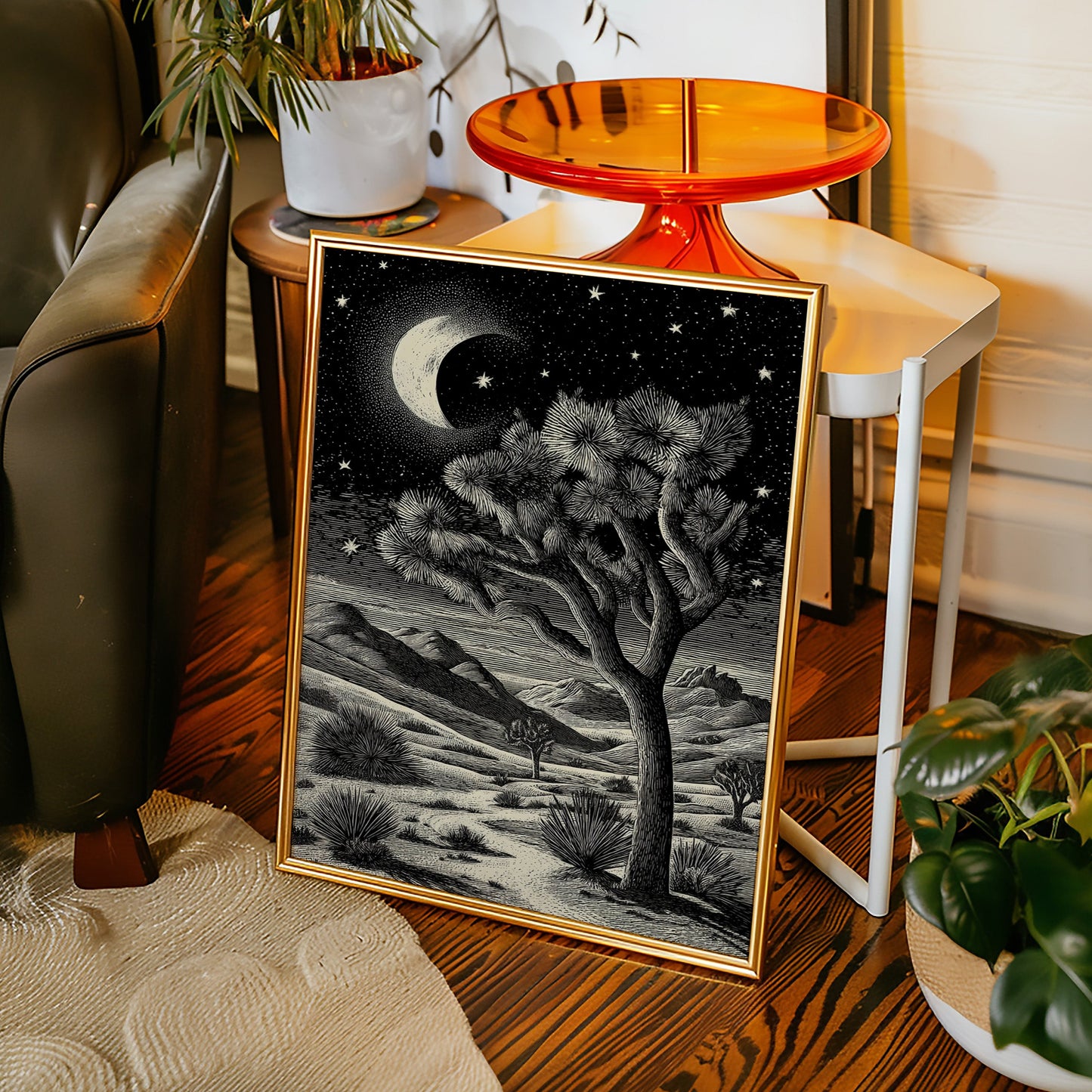 Framed artwork of a desert landscape with a tree on a wooden floor, surrounded by plants and furniture.