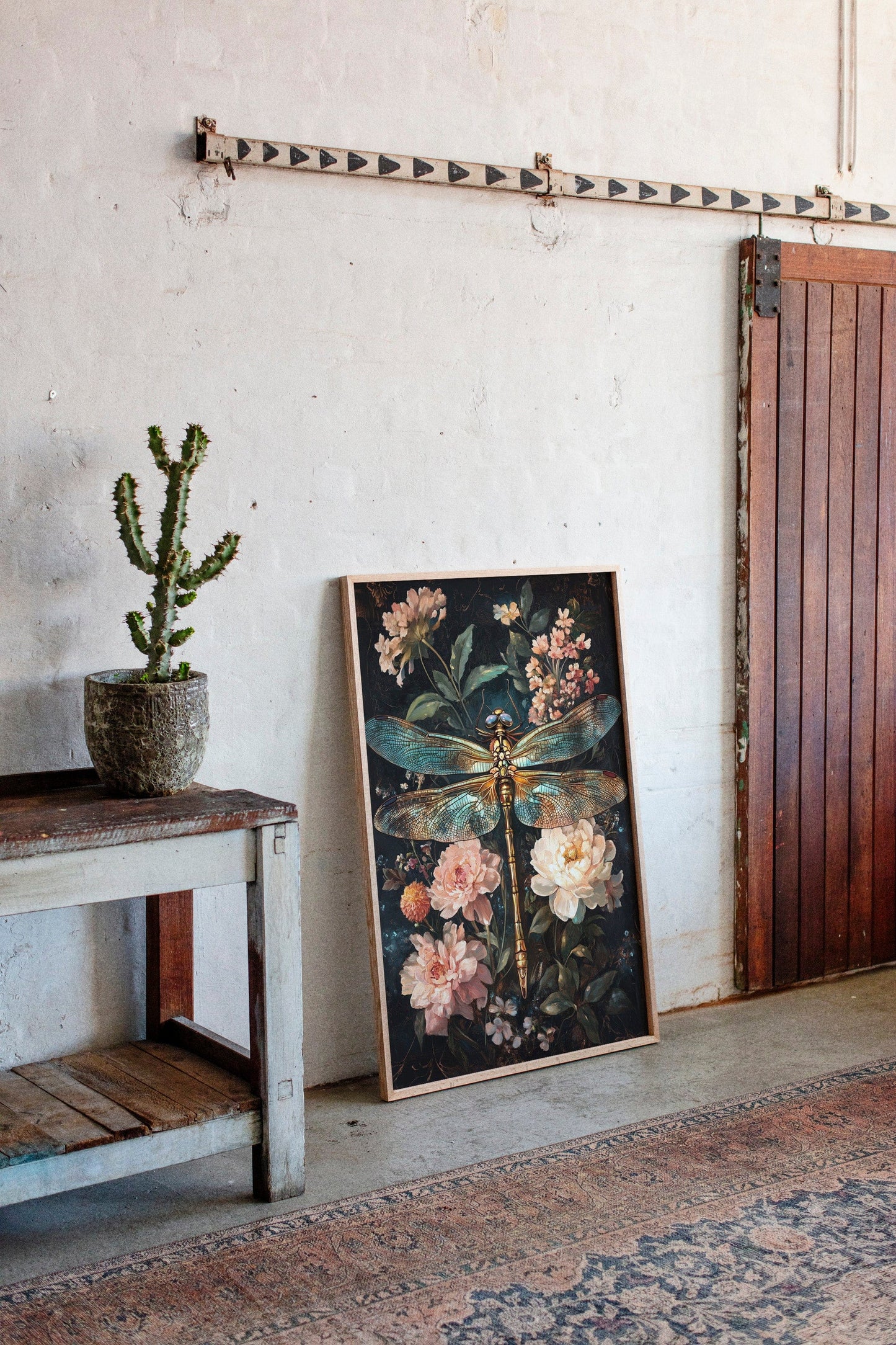 Golden Dragonfly: Dark Floral Baroque Canvas Wall Art