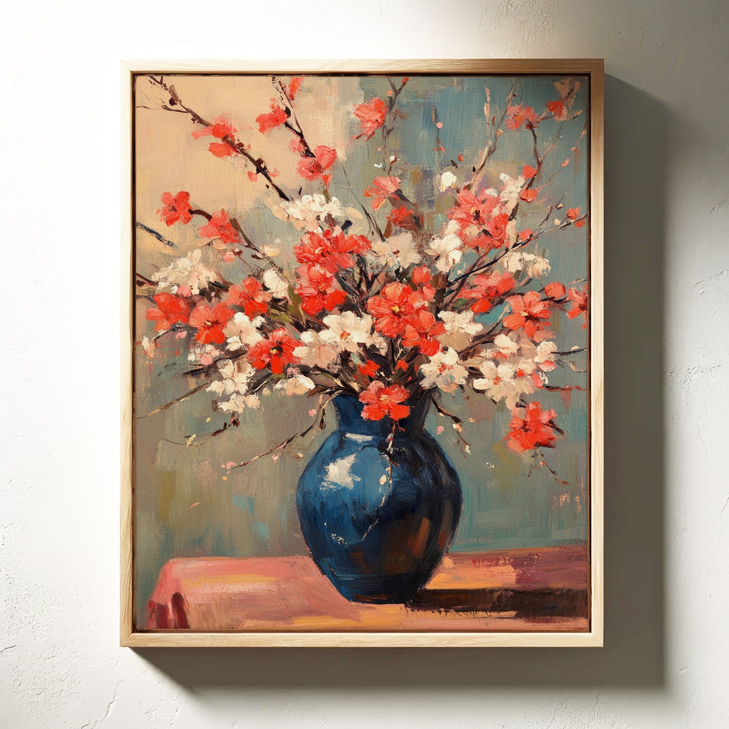 Cherry Blossom Oil Painting – Impressionist Floral Vase Wall Art