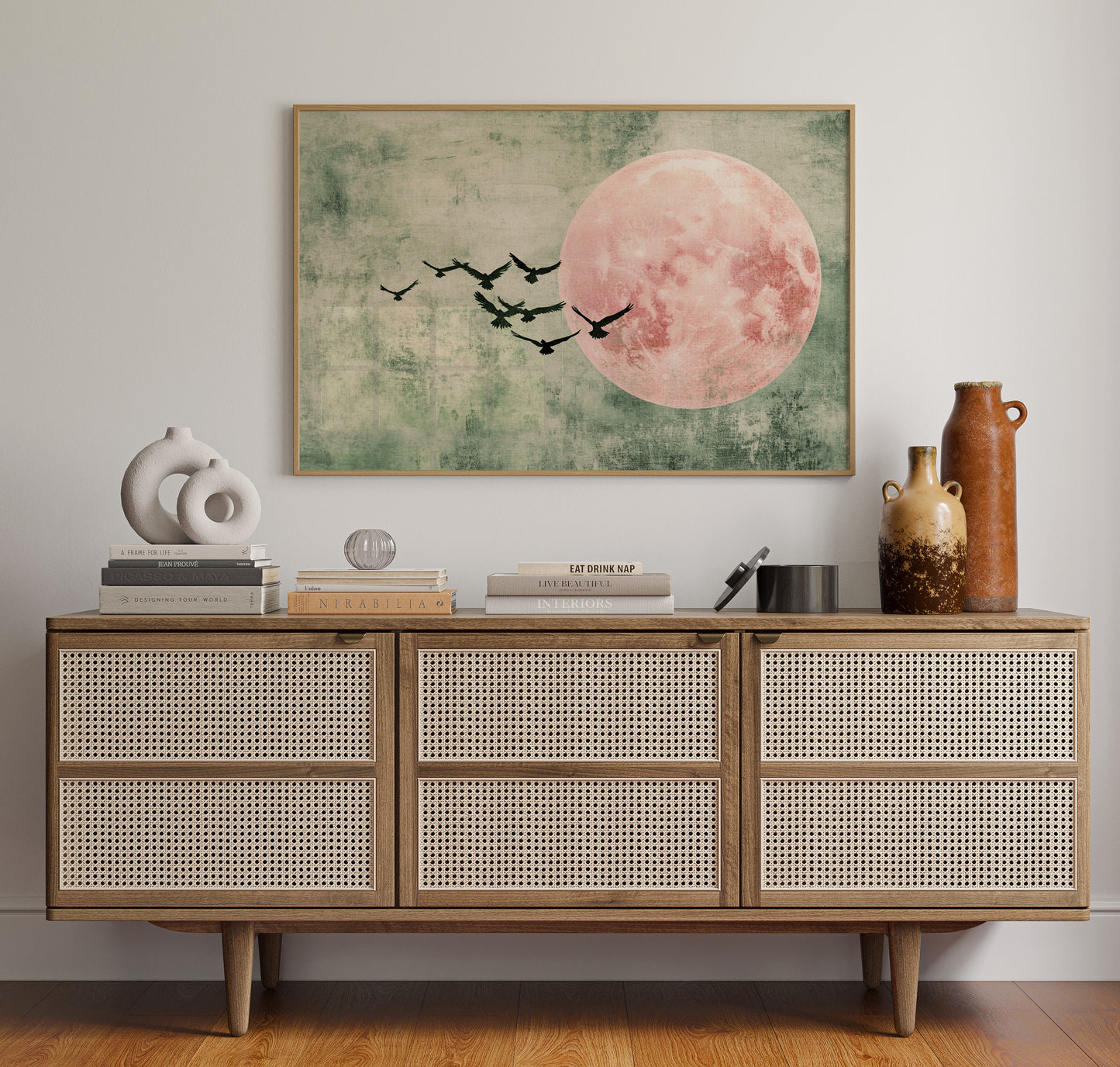 Pink Moon Wall Art – Minimalist Birds in Flight Print