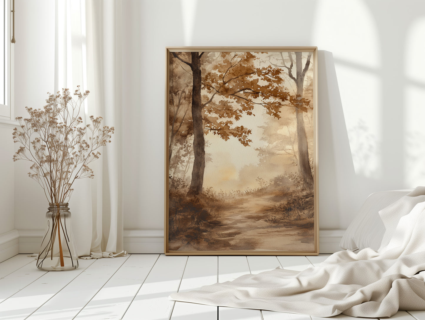 Serene Autumn Forest Pathway - Watercolor Landscape Art - Gallery Canvas image 3