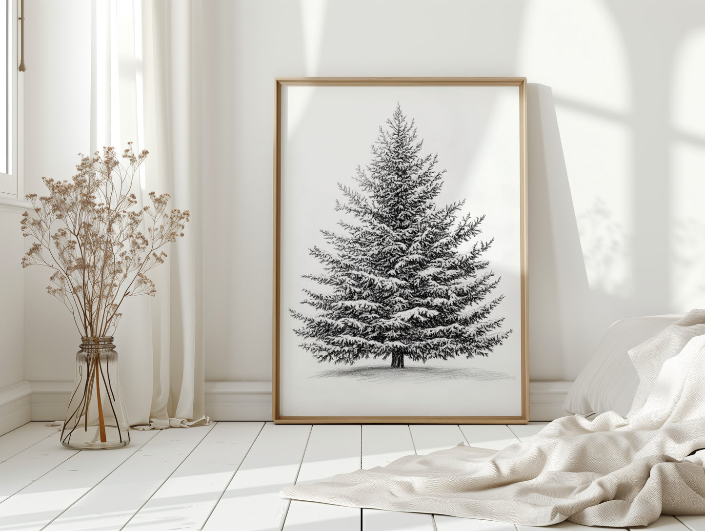 Snow-Covered Pine Tree Drawing - Winter Botanical Art - Gallery Canvas image 10