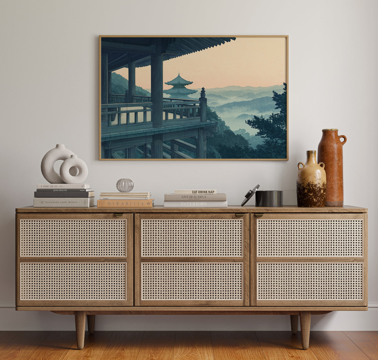 Japanese Temple Balcony – Serene Misty Mountain View Wall Art