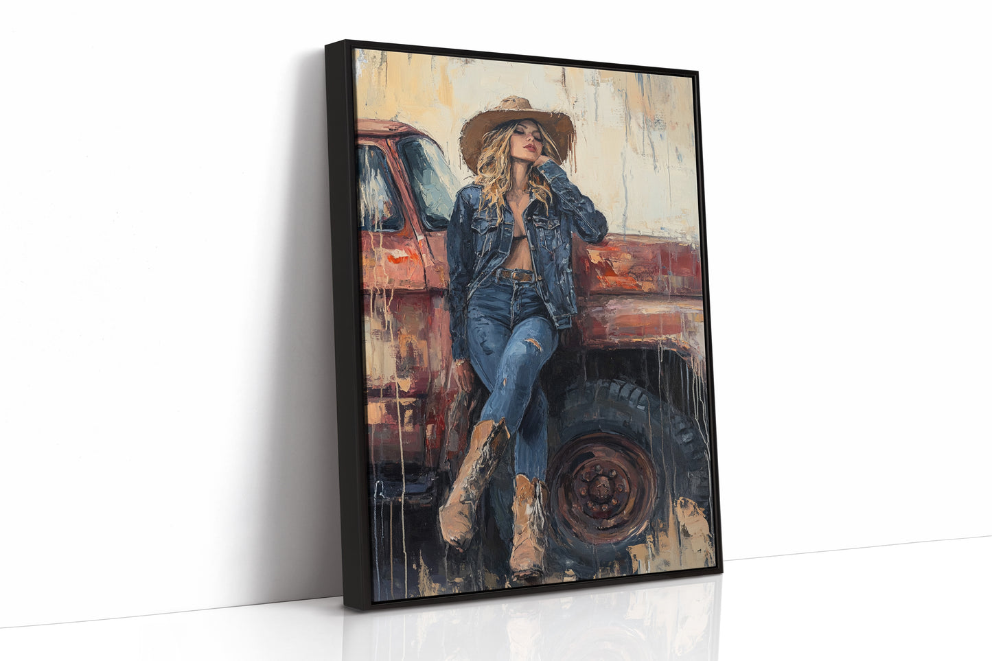 Cowgirl Resting on Rusted Truck
